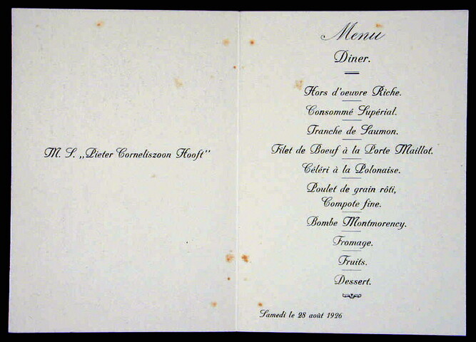1995.5984; Menukaart diner aan boord van ms. 'Pieter Corneliszoon Hooft' : 28 augustus 1926; menukaart