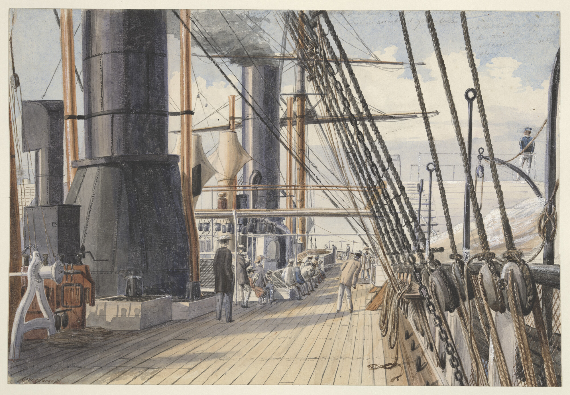 A.3504(13); Dekaanzicht aan boord van het Engelse raderstoomschip 'Seine'; tekening