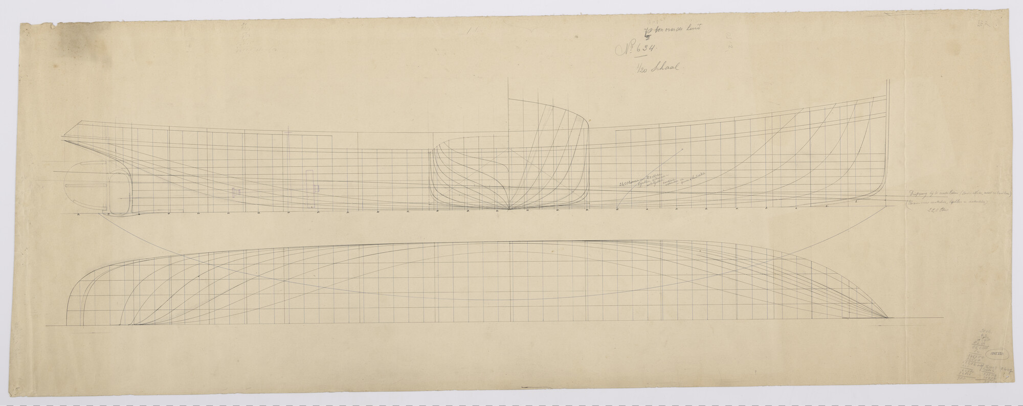 1995.2211; Lijnenplan van een zeewaardig motorvrachtschip voor Indië; technische tekening