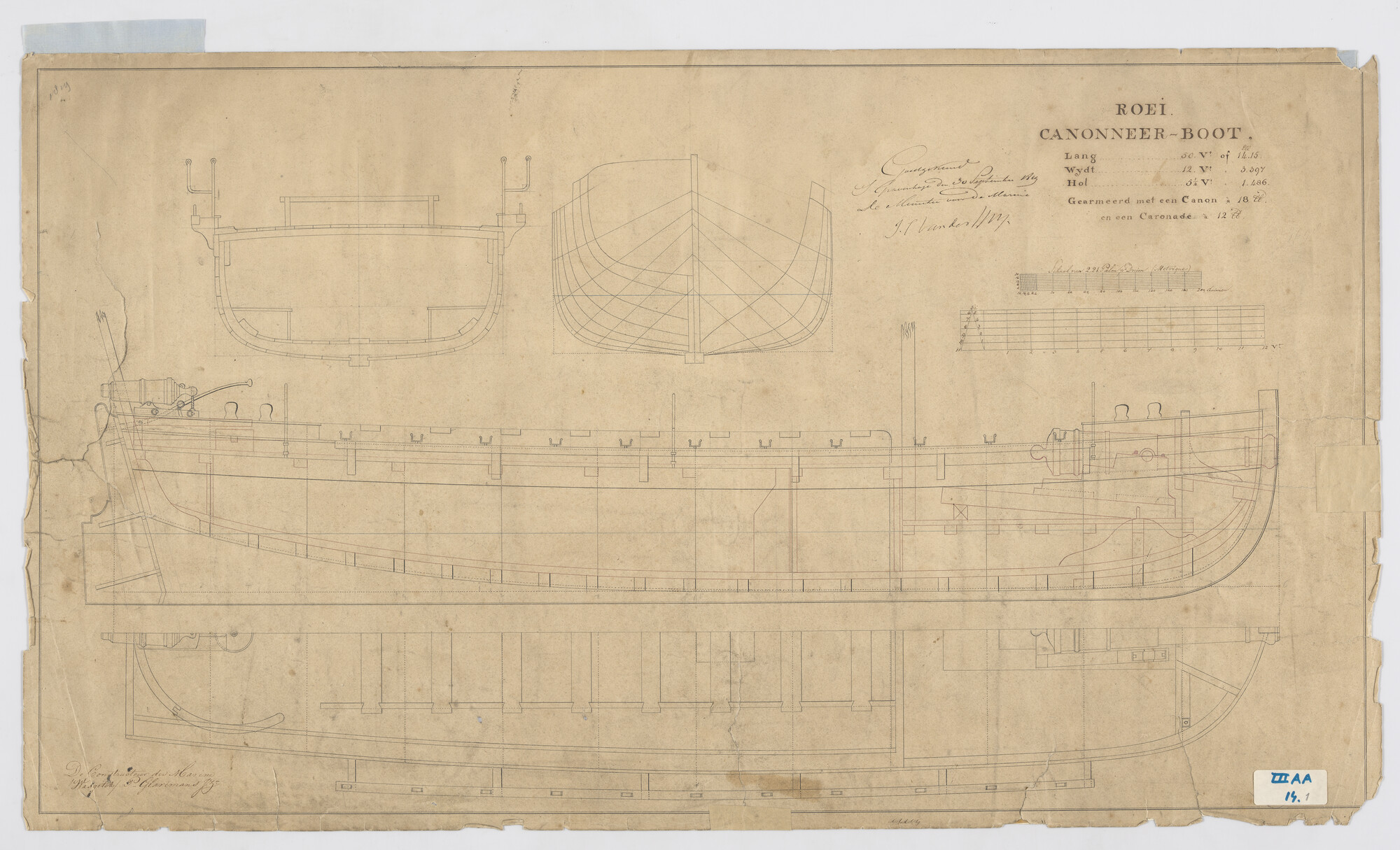 2015.4424a; Algemeen plan van een roeikanonneerboot; technische tekening