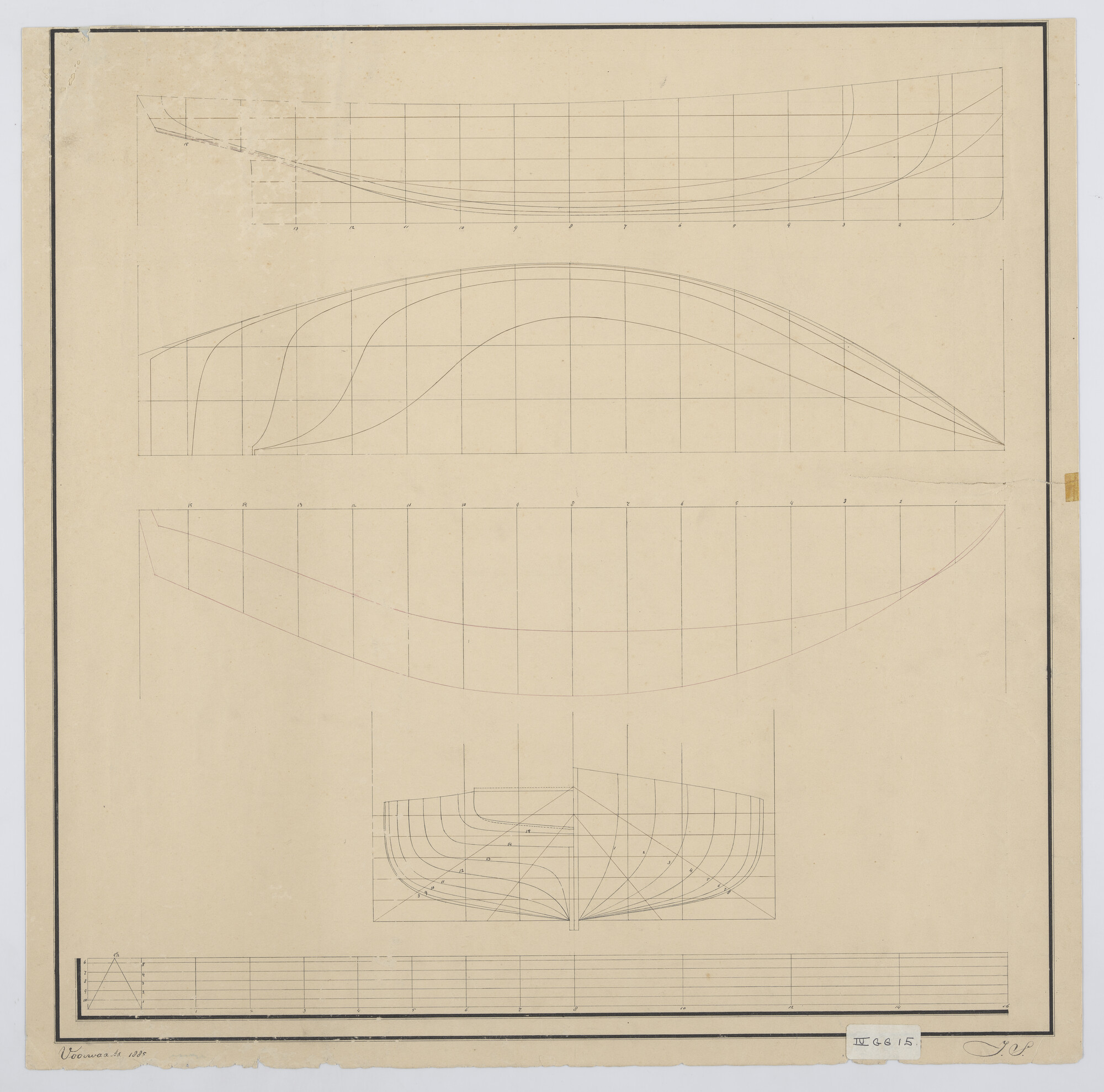 S.1225(03)40; Lijnenplan van het zeiljacht 'Voorwaarts', 1885; technische tekening