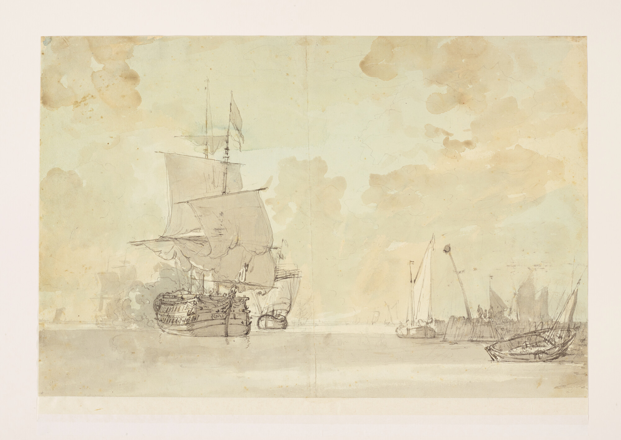 A.0149(0751); Gezicht op een rede met schepen, op de voorgrond een linieschip met gedeeltelijk gegeide zeilen; tekening