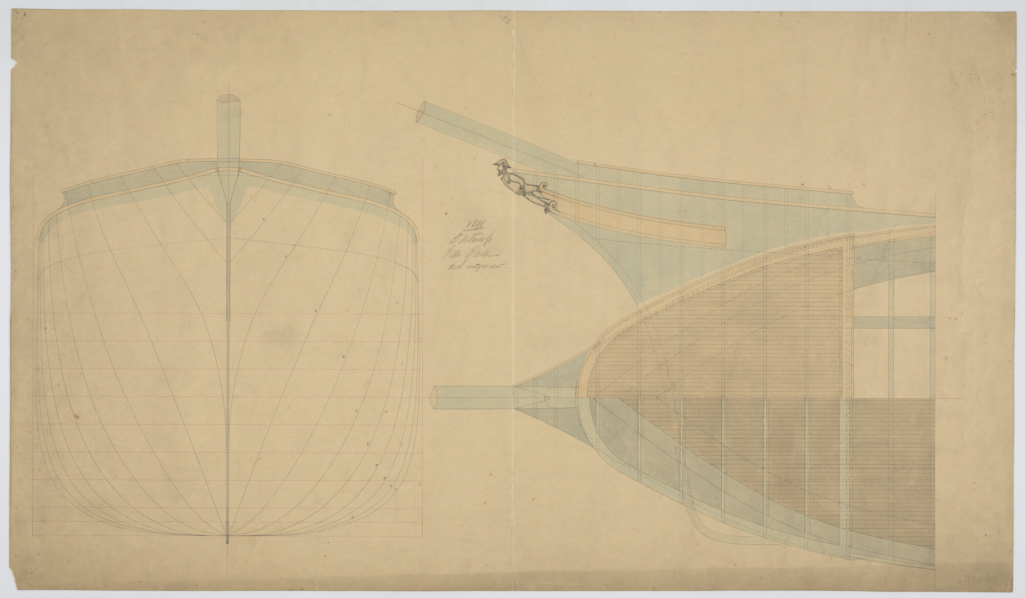 S.1156(05)0088; Boegontwerp van de klipperbark Van Galen; technische tekening