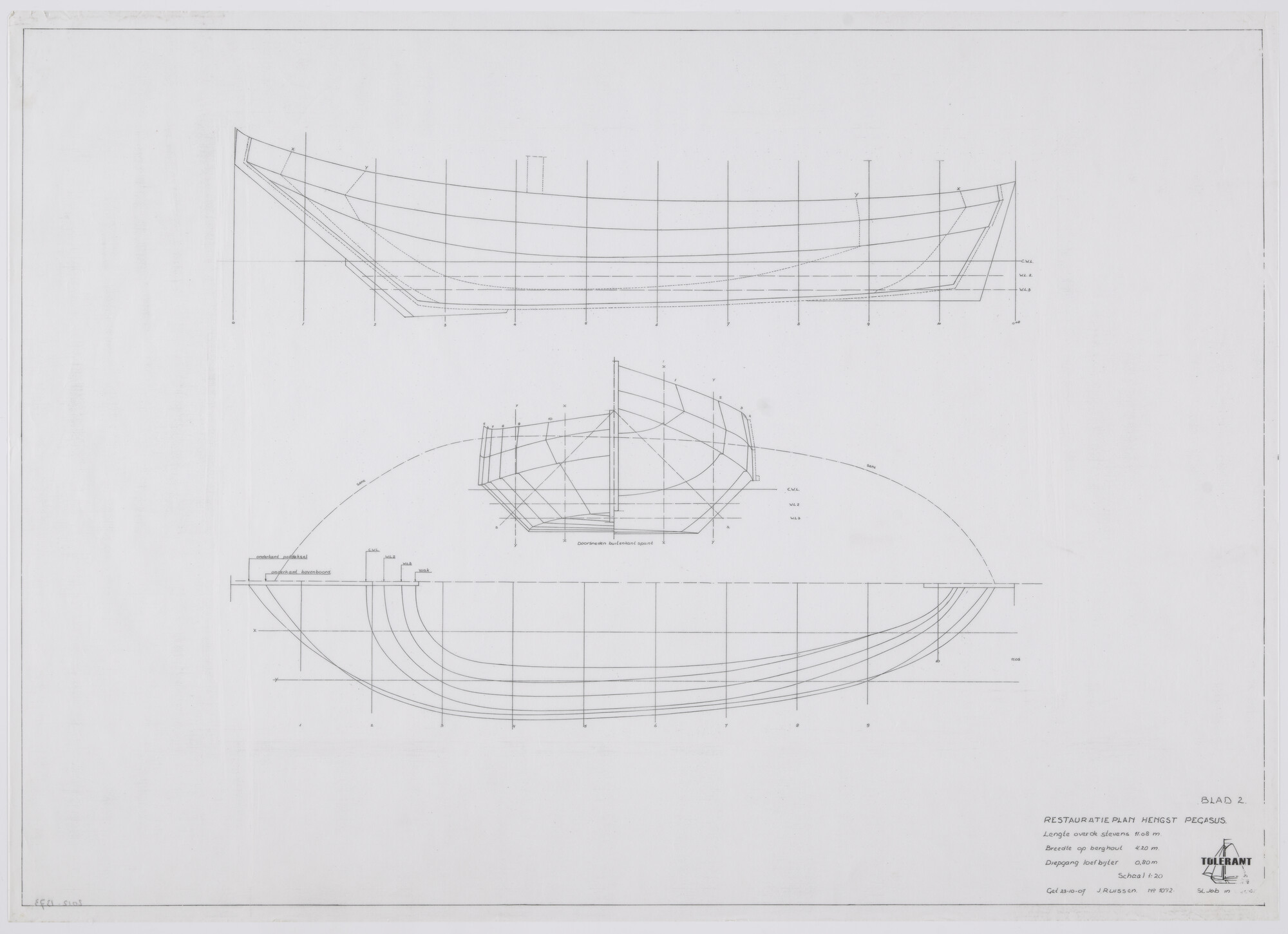 2012.1373; Lijnenplan van de te herbouwen hengst 'Pegasus' van 11.08 meter; technische tekening
