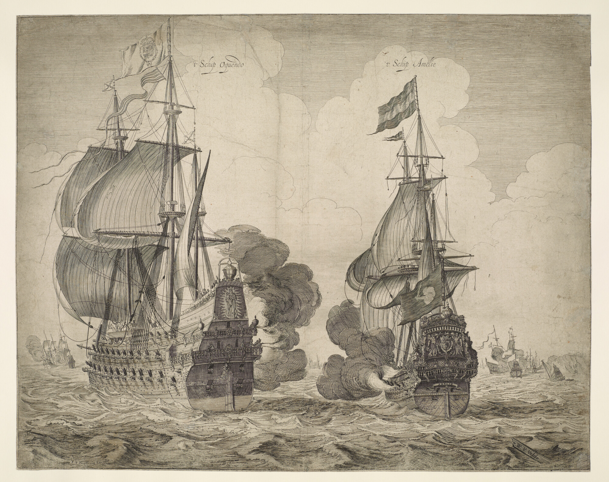 A.0149(0355); Gevecht tussen de Aemilia en het Spaanse admiraalschip tijdens de slag bij Duins; prent