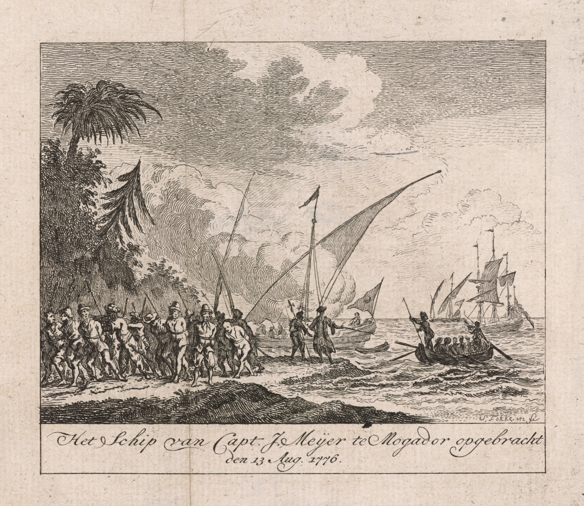 A.4421(b); Het schip van Kapitein J. Meijer te Mogador opgebracht op 13 augustus 1776; prent