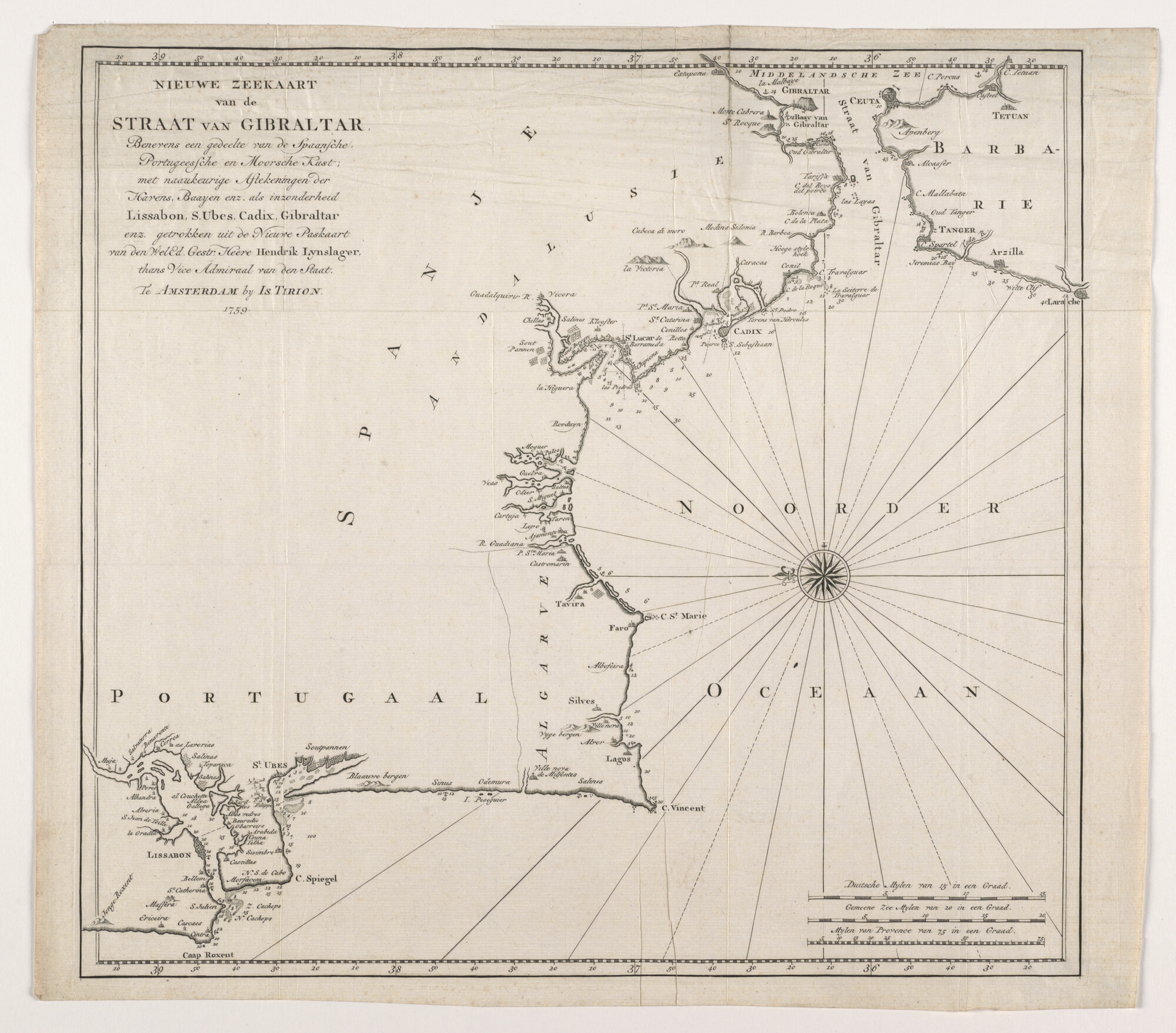 1998.2060; Kaart van de Straat van Gibraltar en een deel van de Spaanse, Portugese en Moorse kust; zeekaart