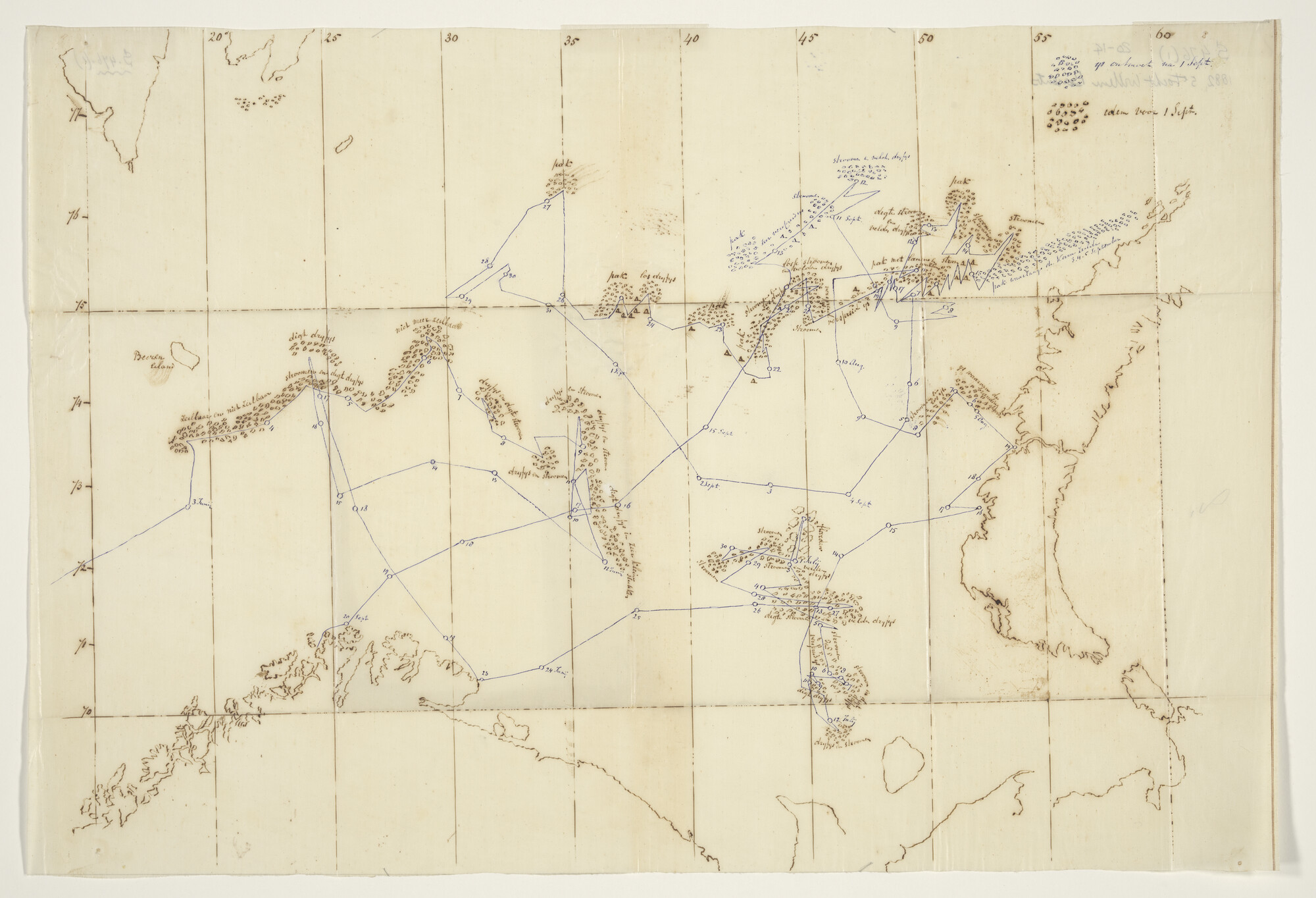 S.0476(01)04; Handschriftkaart van de Barentszee en Nova Zembla met ingetekend de route, van de 5e tocht van de Nederlandse poolschoener 'Willem Barents' in 1882; poolkaart