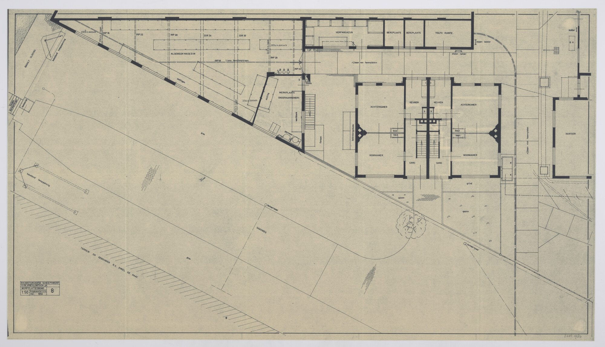 2005.1980; Plattegrond van een deel van de werfterreinen Scheepswerf G. de Vries Lentsch Jr; technische tekening