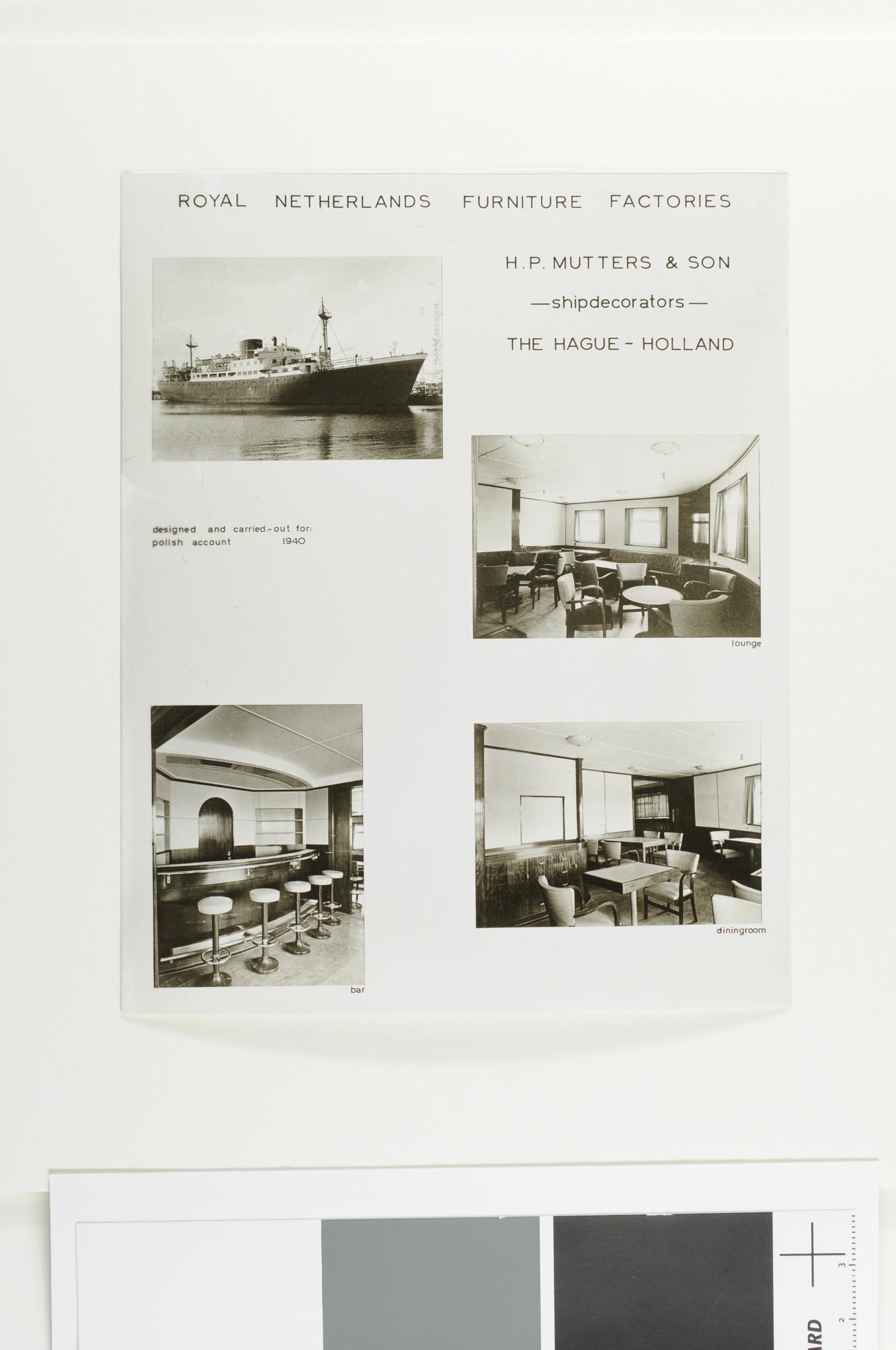 A.5023(01); Reproductiefoto's van het passagiersschip ms. 'Bolkoburg' en het scheepsinterieur ontworpen door H.P. Mutters & Zn; fotoreportage