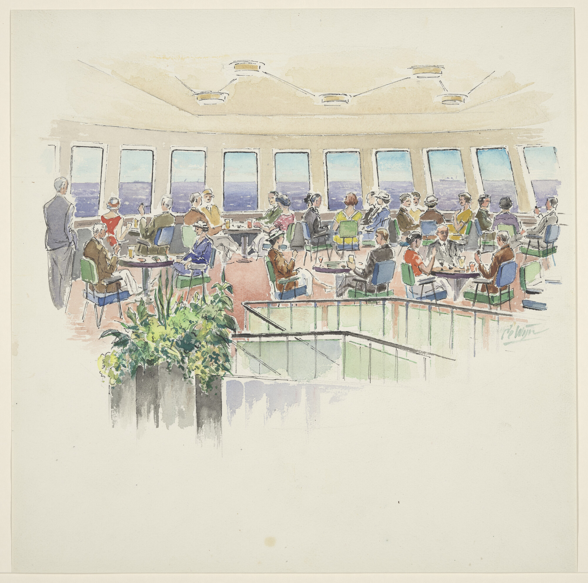 A.5321(10); Een uitkijksalon van het veerschip ms. Koningin Wilhelmina; tekening