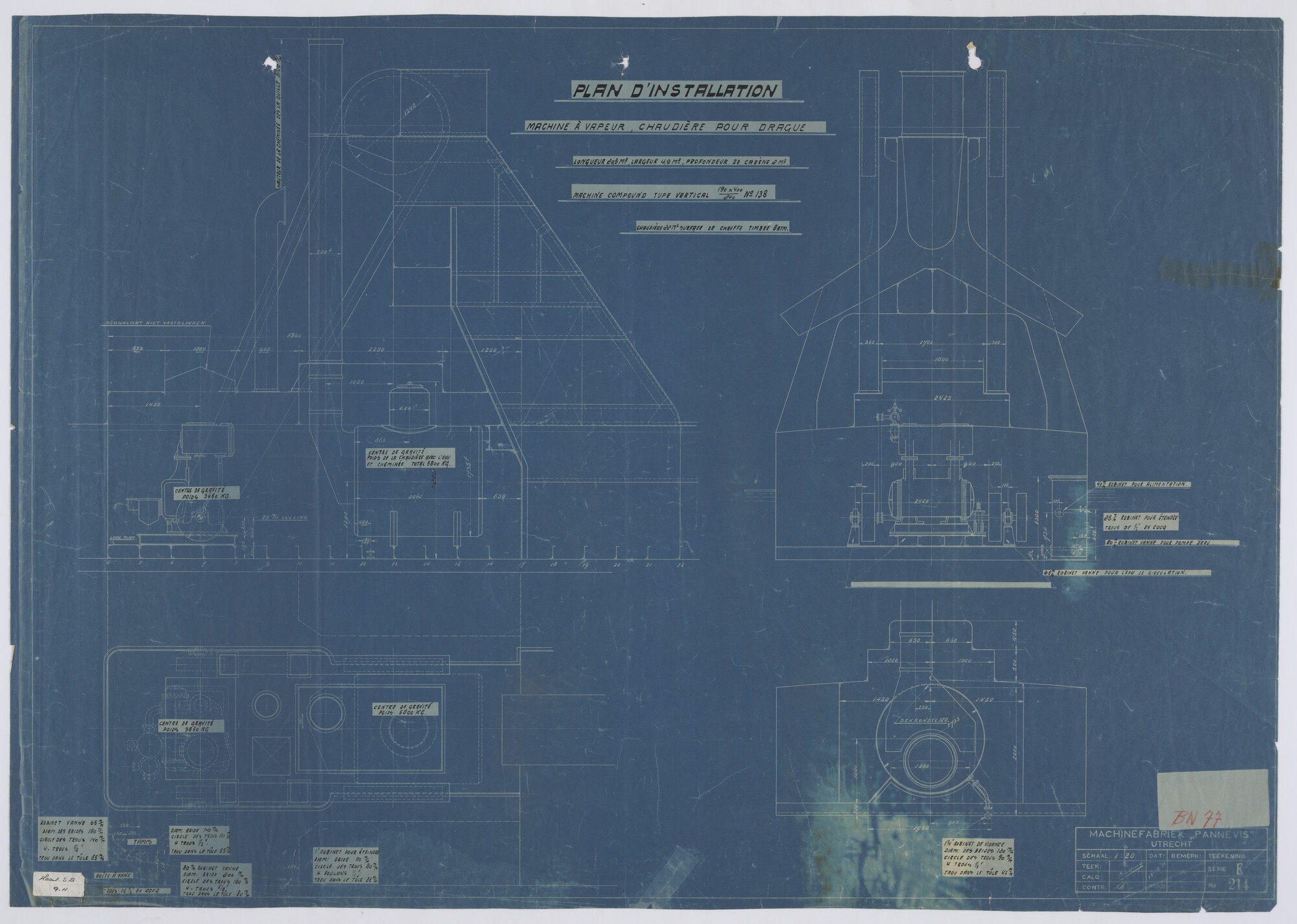 S.4765(063); Installatieplan machinekamer van een stoombaggermolen; technische tekening