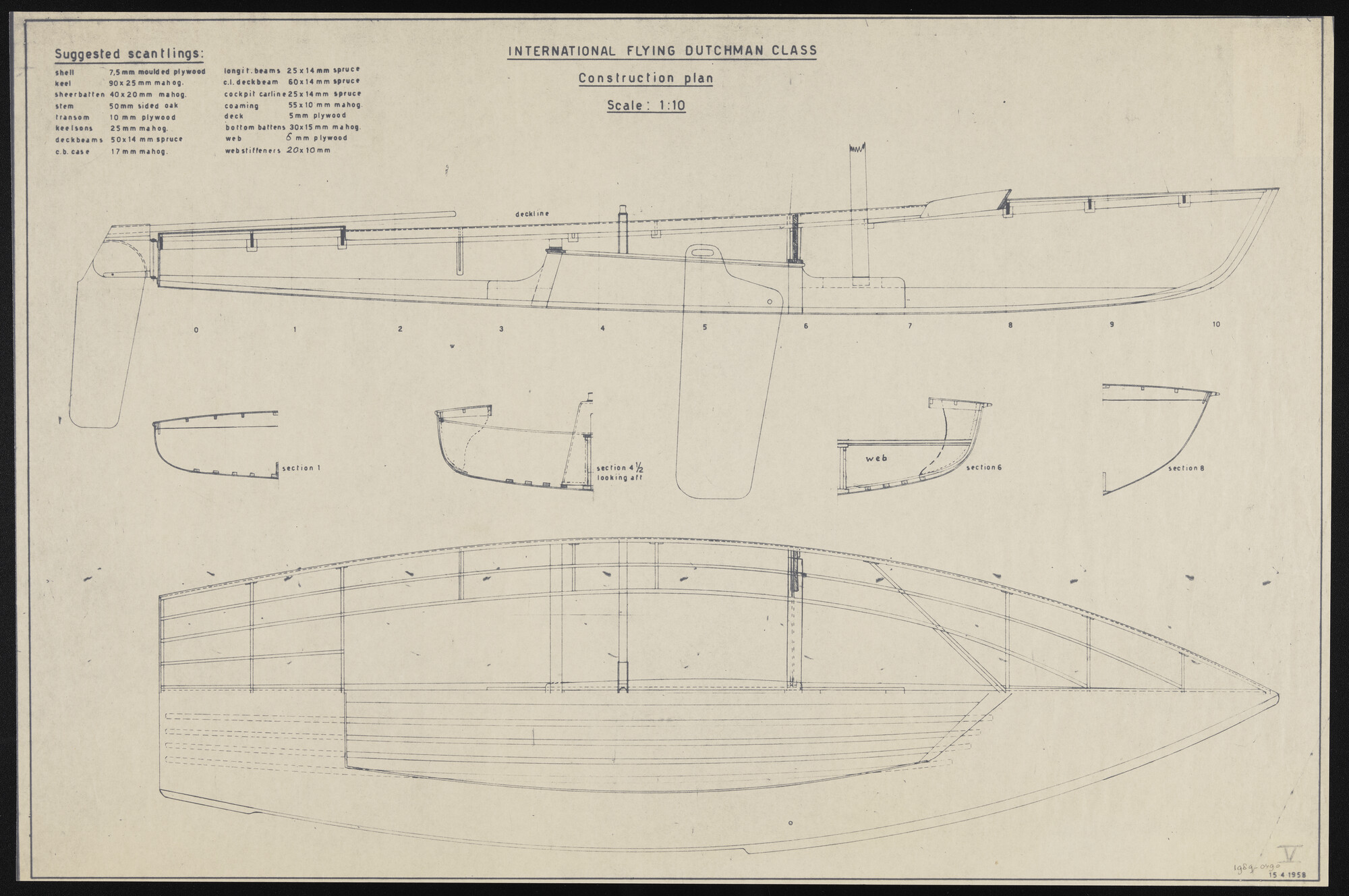 1989.0490; Constructieplan International Flying Dutchman Class; technische tekening