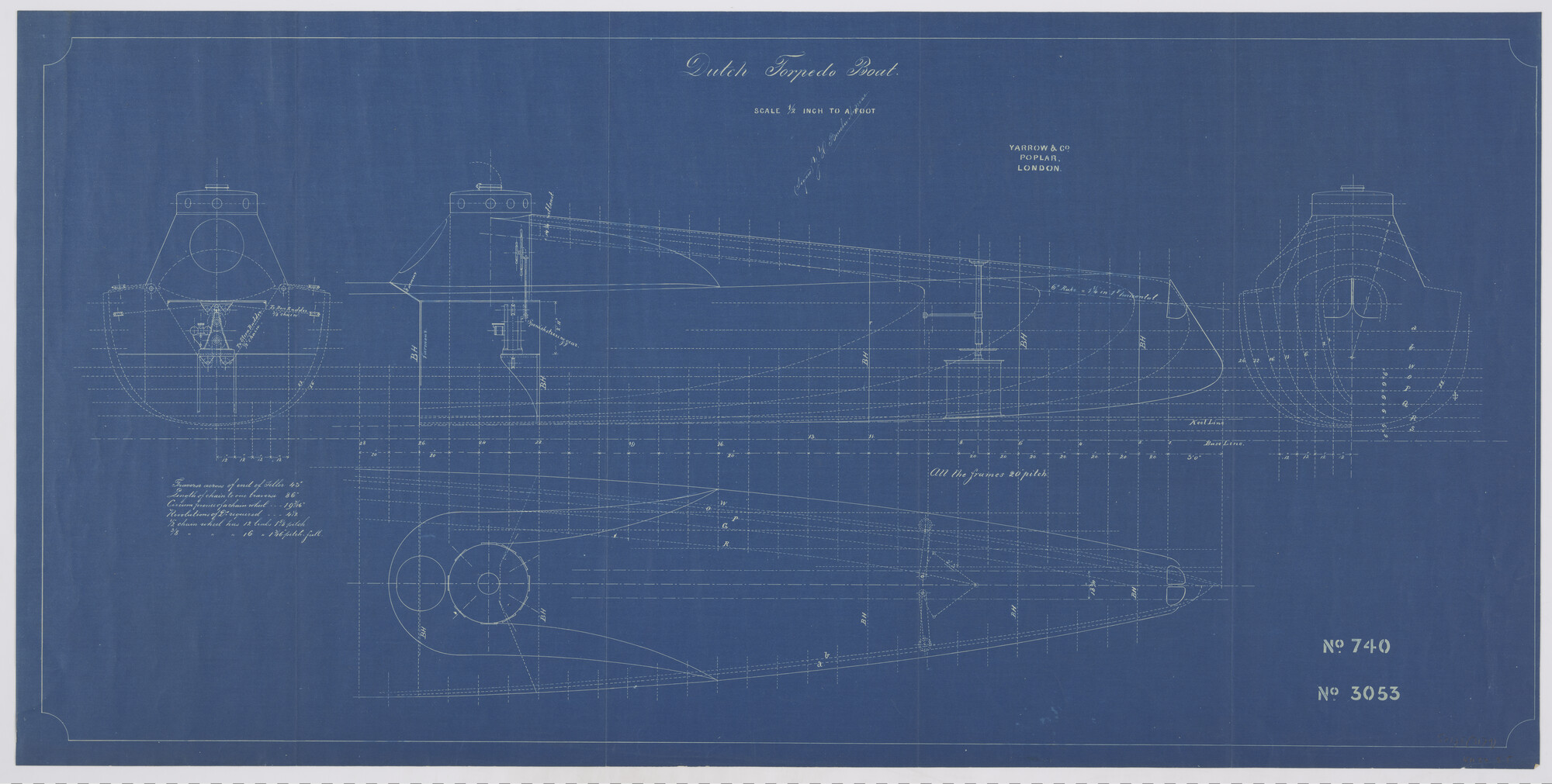 S.2175(3179); Dwarsdoorsneden, verticale langsdoorsnede en horizontale langsdoorsnede boven de waterlijn van het voorschip van een ontwerp torpedoboot uit 1885; technische tekening