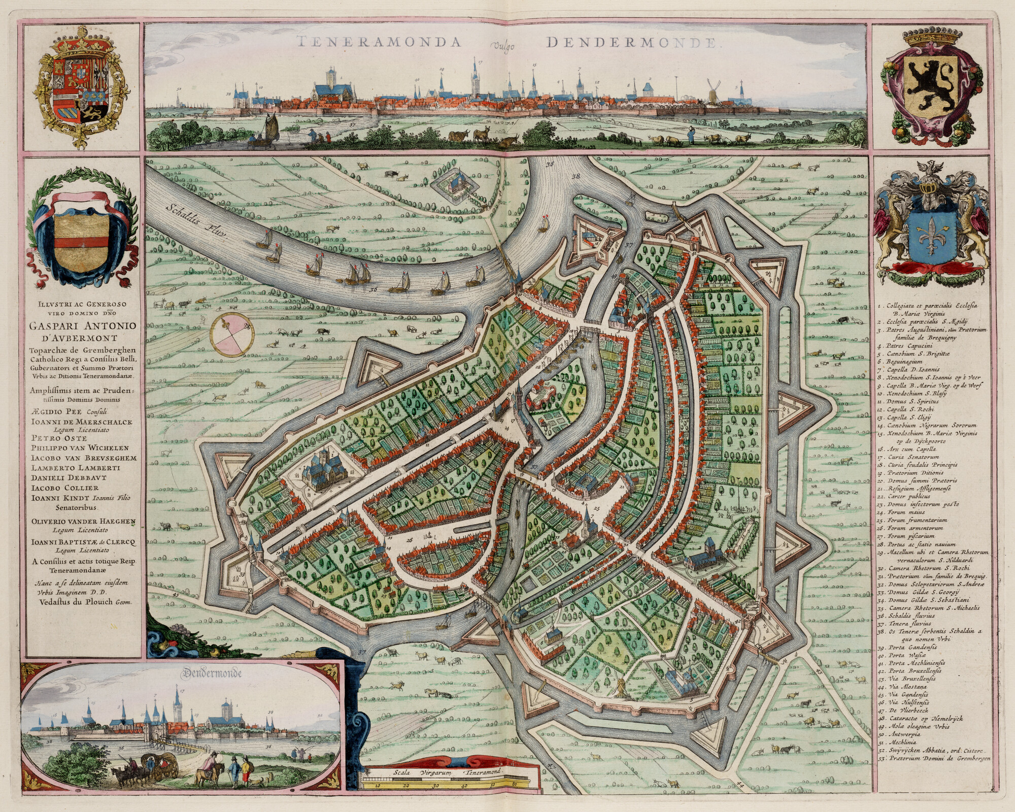 S.1034(16) [kaart 037]; Plattegrond van en twee gezichten op Dendermonde; prent