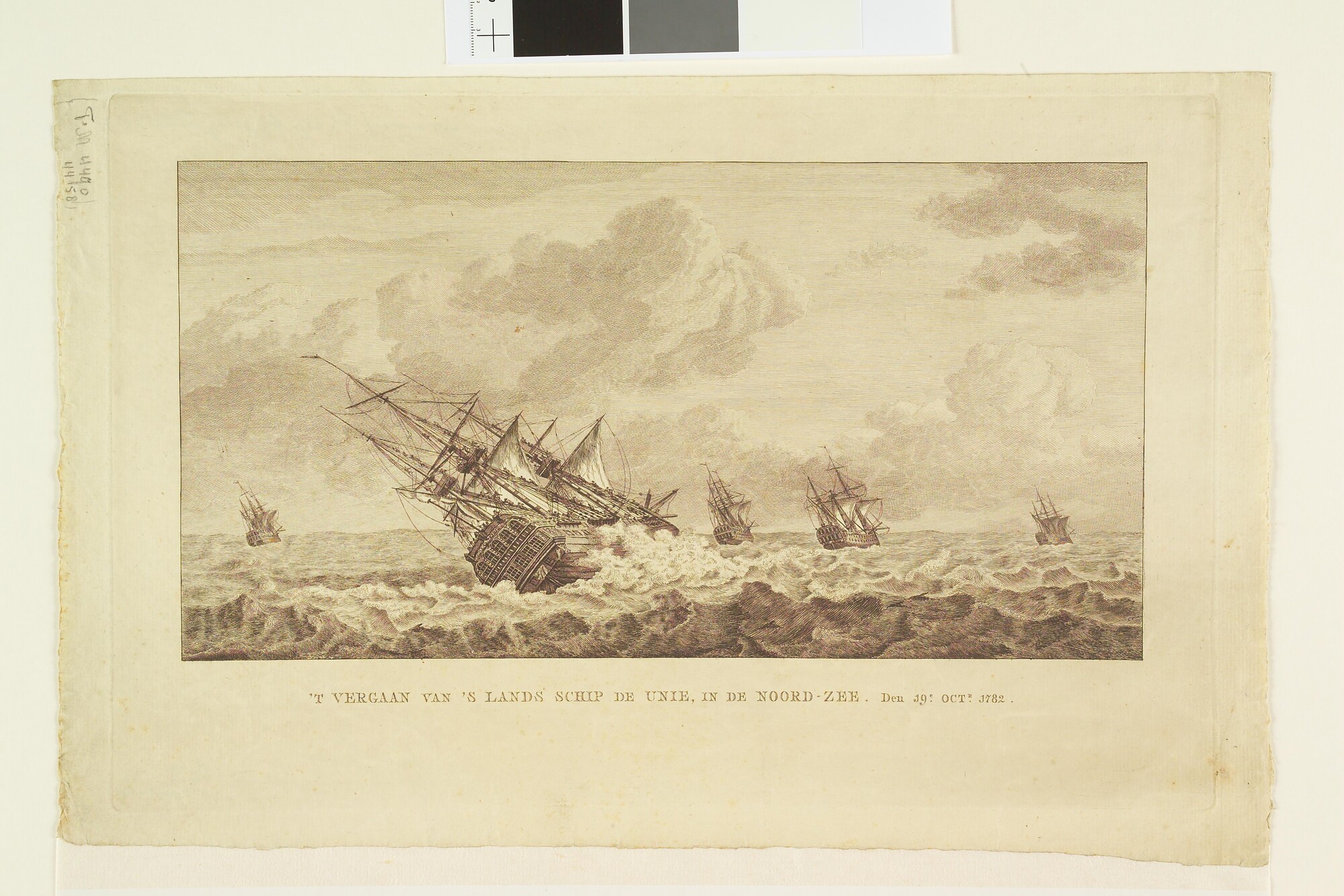 A.0149(0686); Vergaan van het oorlogsschip de 'Unie', 1782; prent