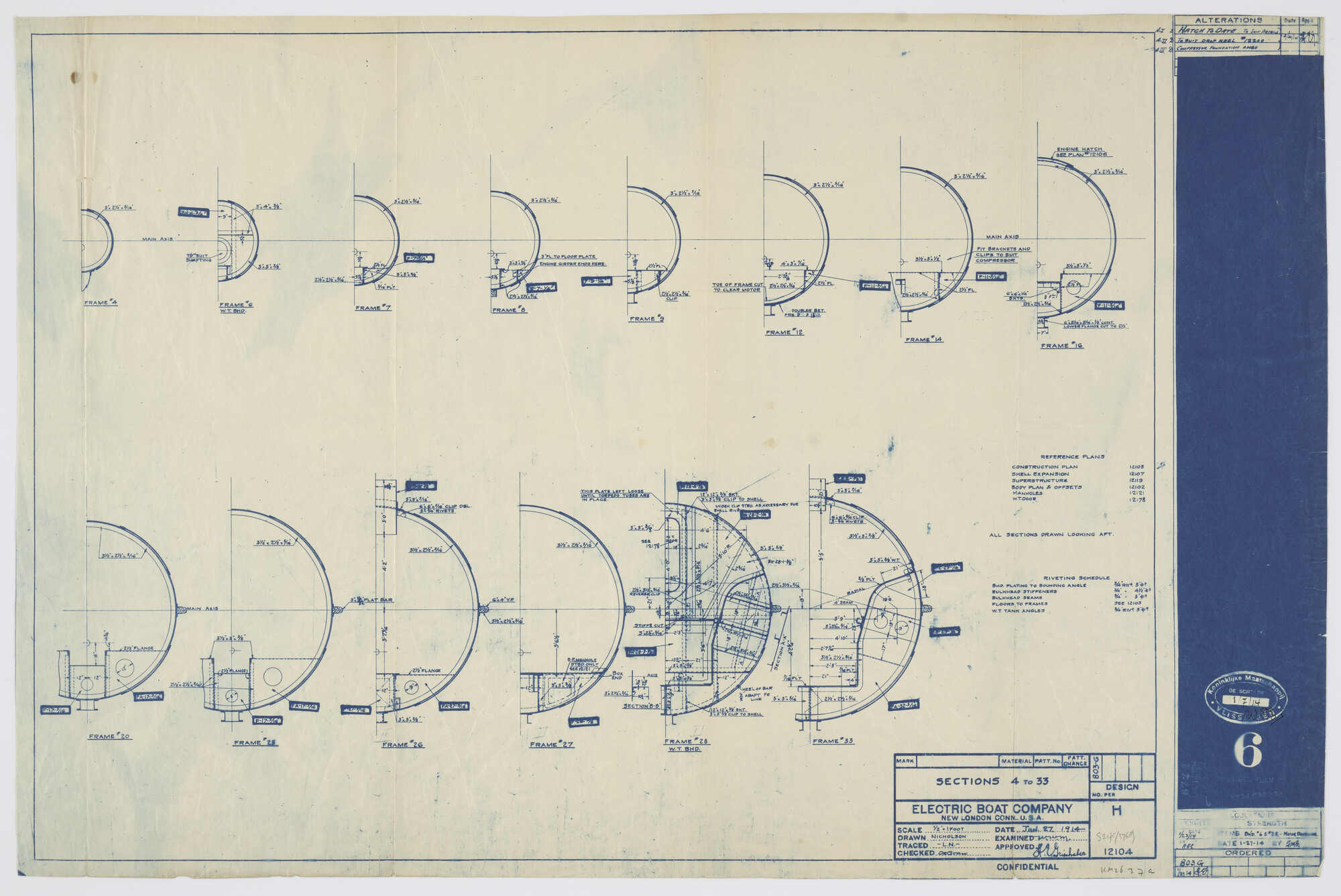 S.2175(3768); Constructietekening over de secties 4 - 33 aan boord van de onderzeeboot Hr.Ms. 'O 6'; technische tekening