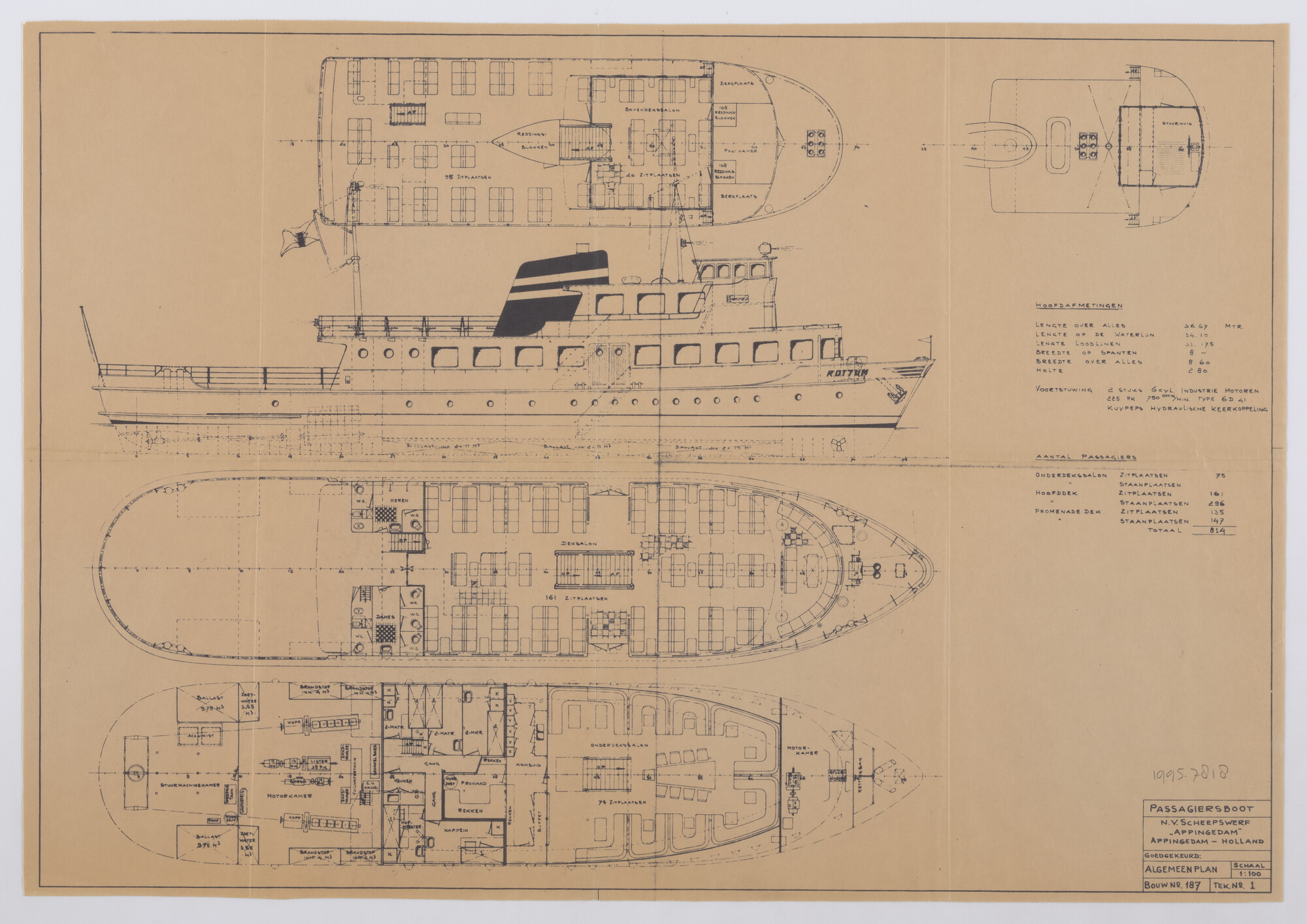 1995.7818; Algemeen plan (1:100) van de veerboot Rottum van Wagenborgs [...]; technische tekening