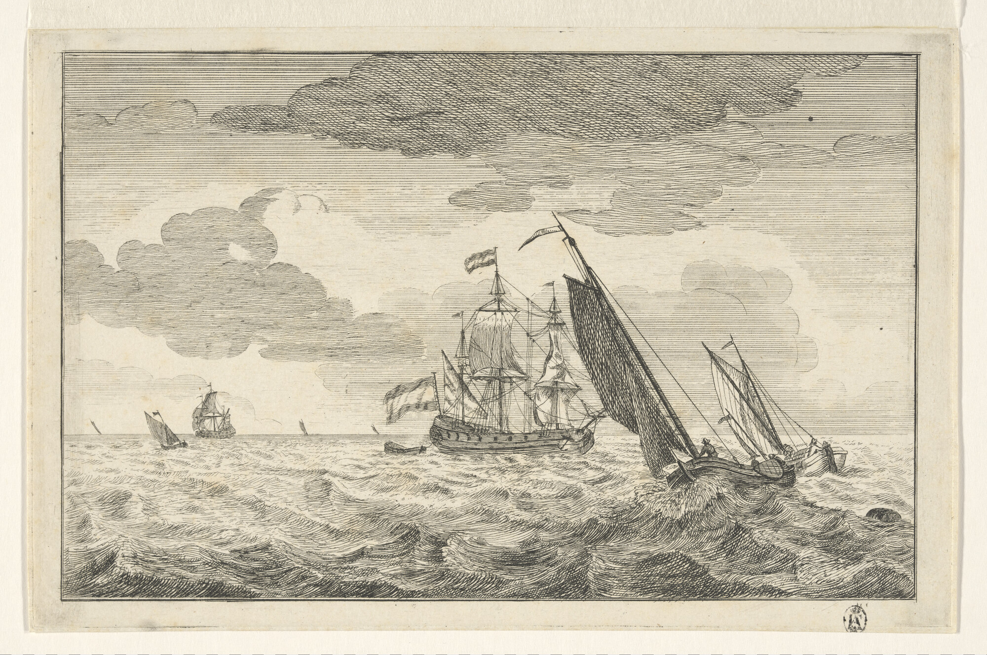 A.1300(02)1; Een driemaster en twee jachtjes op een rede; prent