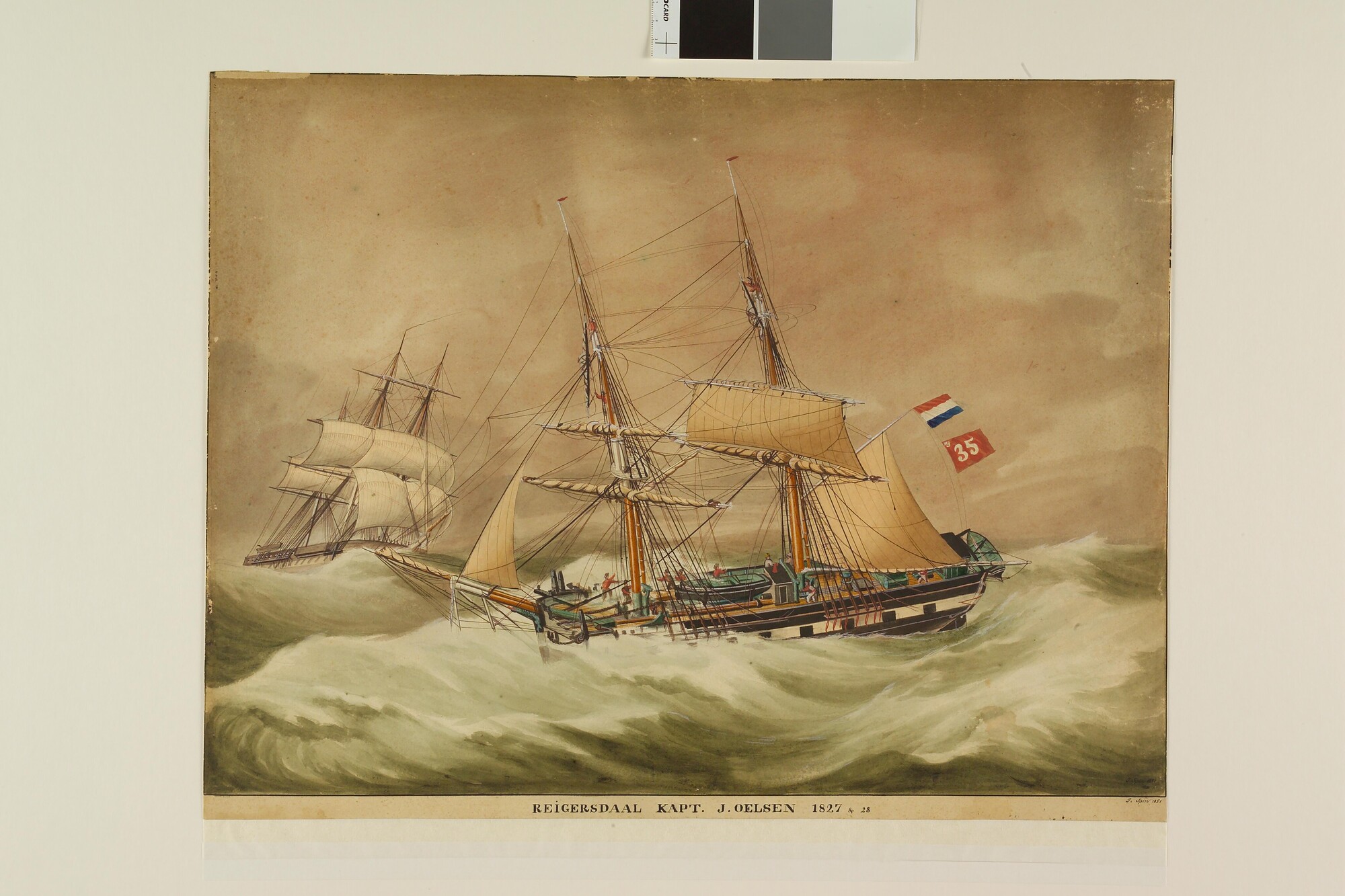 A.0813(05); Het brikschip Reigersdaal bijliggend in een storm; tekening