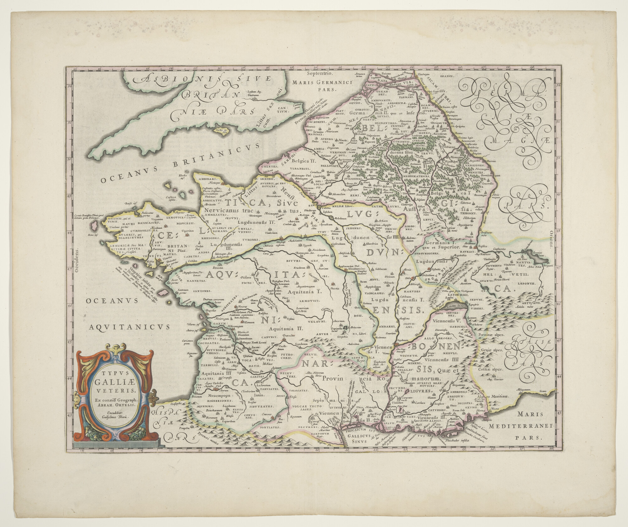 A.3845(01)025; Met de hand gekleurde kaart van Frankrijk naar Abraham Ortelius uit 1594; landkaart