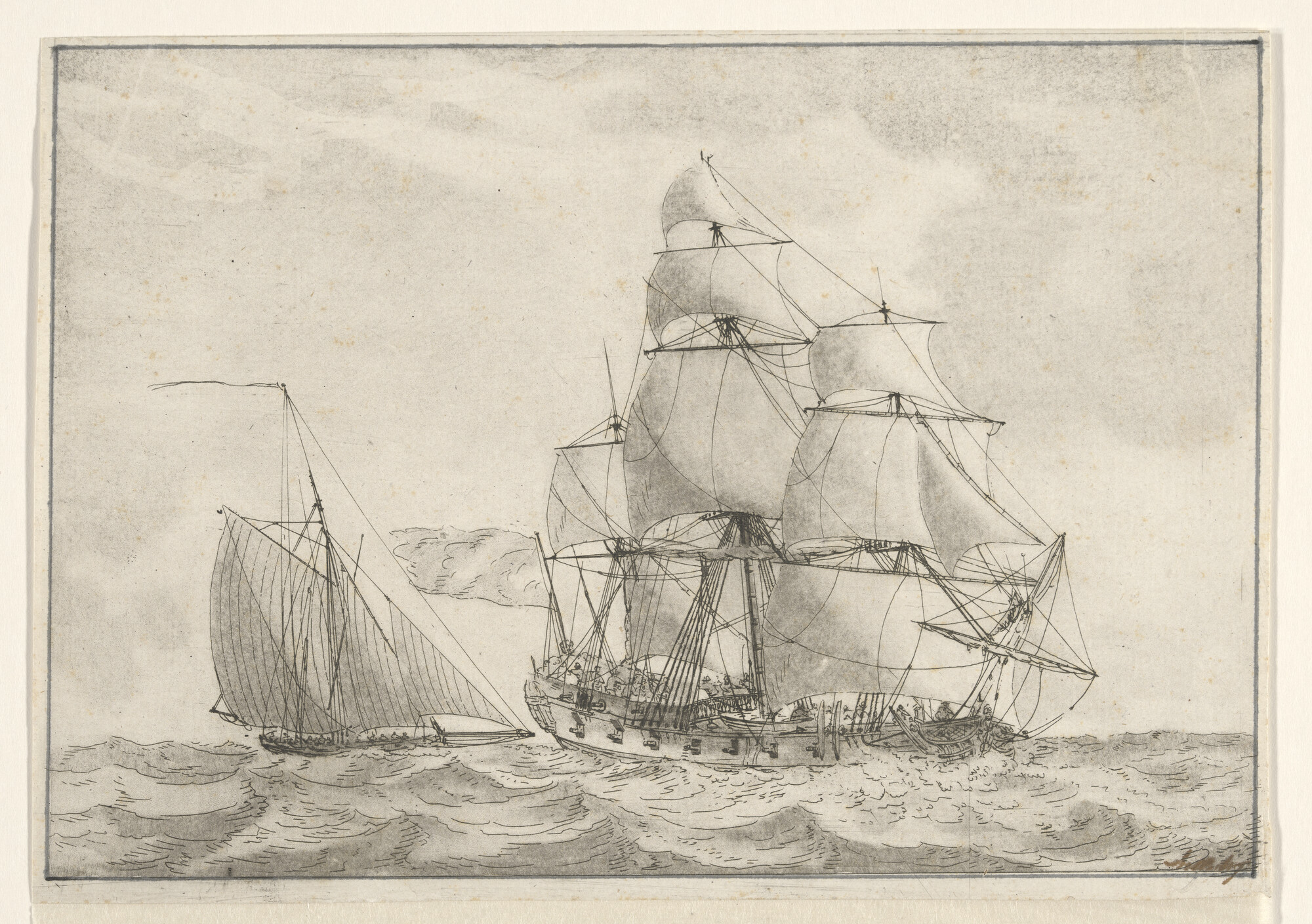 A.1859(01) [nr 0003]; Een oorlogsfregat en een oorlogskotter; tekening