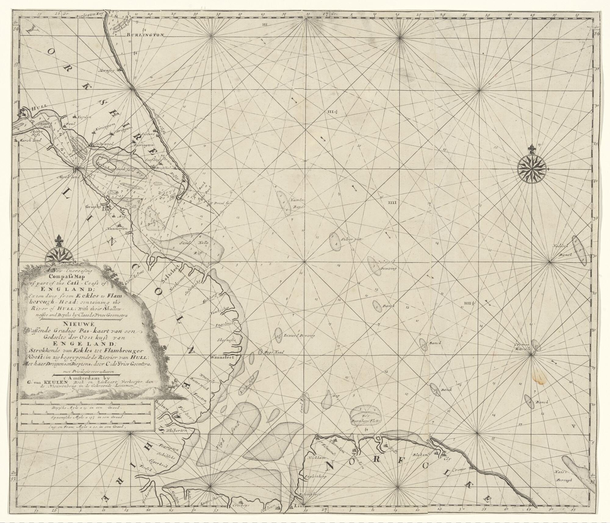 S.1072(02)38; Zeekaart van een deel van de oostkust van Engeland, tussen Eckles en Flamborough Head, met de Humber, door Claes de Vries; zeekaart