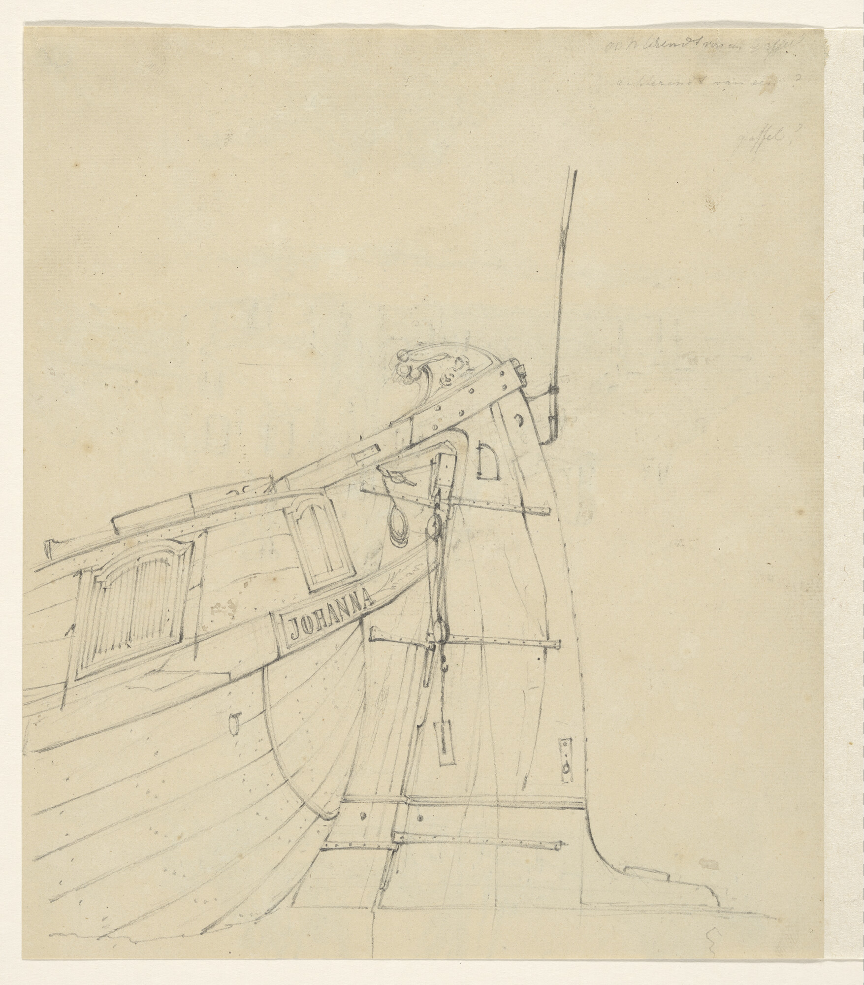 A.0149(0502); Tekening van het achterschip van een gaffelschip; tekening