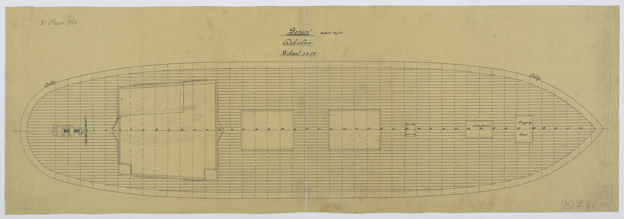 S.1156(05)0126; Zijaanzicht van het klipperjacht 'Senior' 1903 dekplan; technische tekening