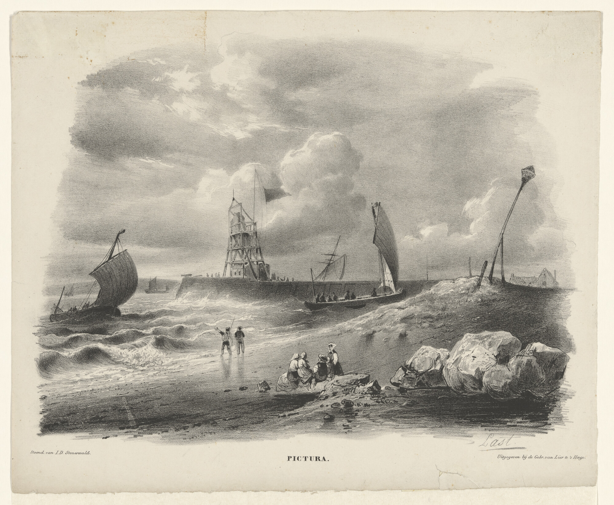 S.2172(1)23; Pictura: een haveningang met vissersschepen en figuren; prent