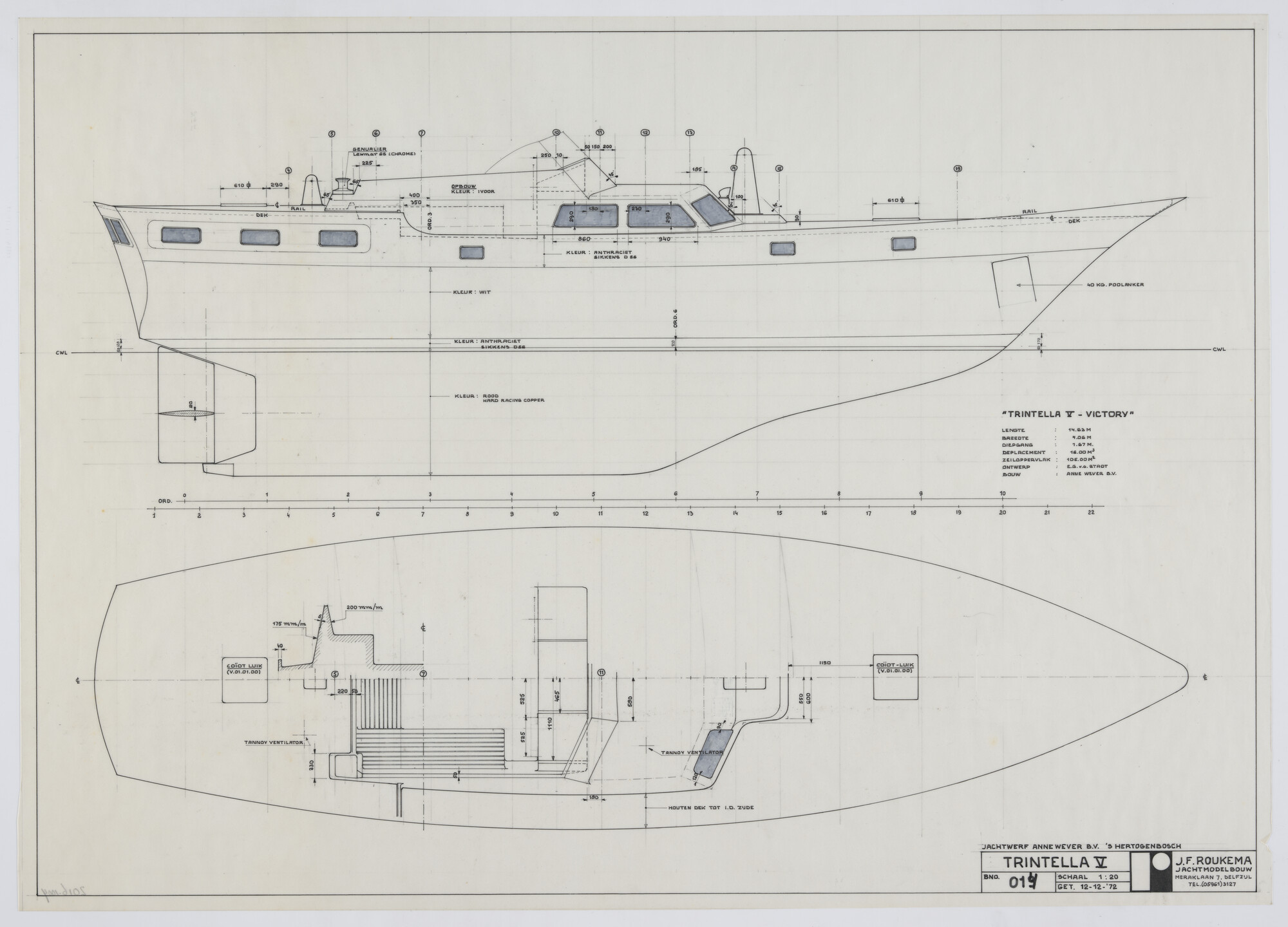 2016.1004; Werktekening scheepsmodel van het zeewaardige polyester tweemast kajuitzeiljacht type Trintella V - Victory; technische tekening