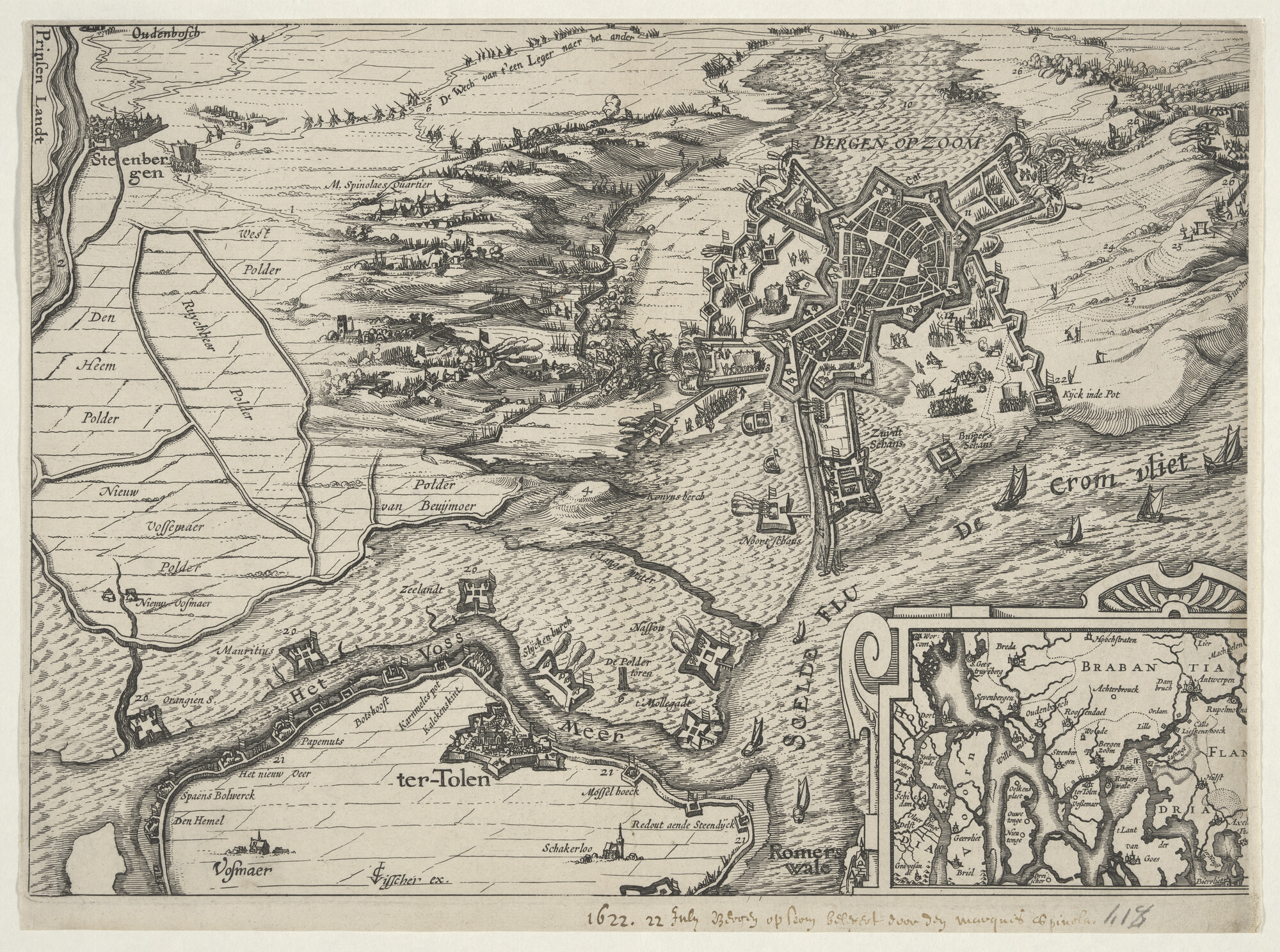 A.0145(027)385; Plan van Bergen op Zoom en omstreken, met het beleg van Spinola, 1622; prent