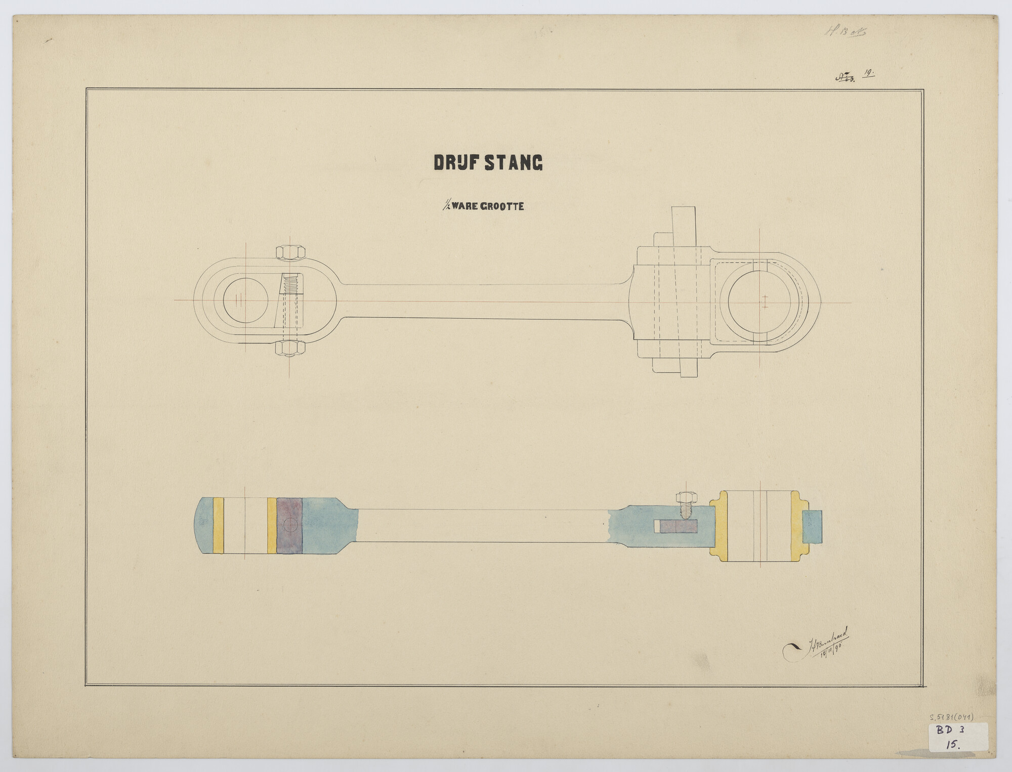 S.5181(041); Inleiding in de eerste beginselen rechtlijnig, bouwkunstig- en werktuigbouwkunstig tekenen: drijfstang; technische tekening