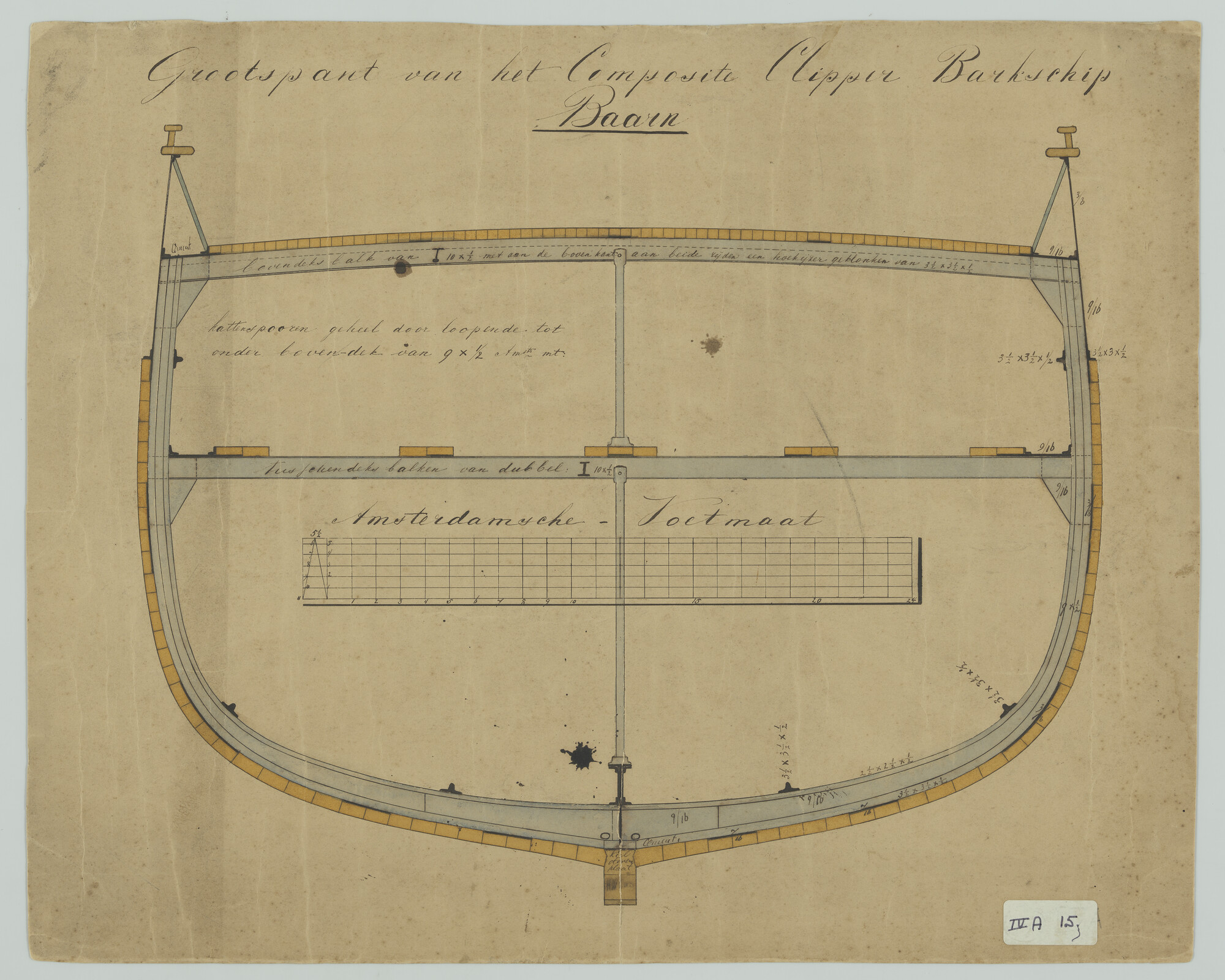S.1156(05)0160; Grootspant van de clipperbark 'Baarn'; technische tekening