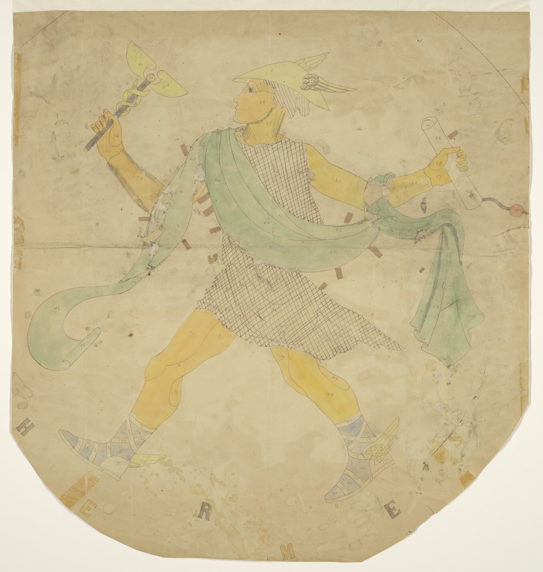 S.7308(02); Ontwerp voor een intarsiatafelblad met een afbeelding van de god Hermes; tekening