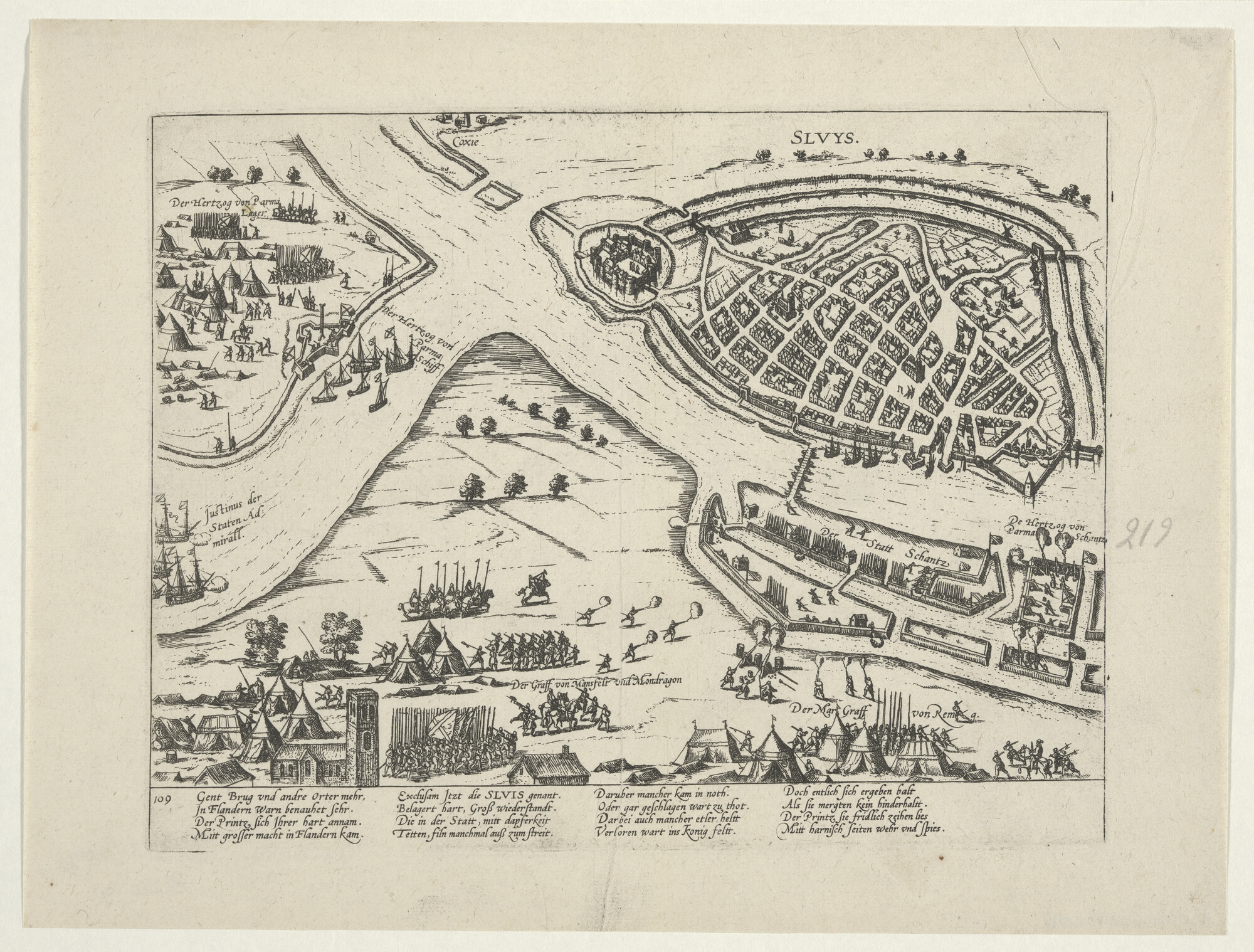 A.0145(027)280; Sluis door Parma gewonnen, 1587; prent