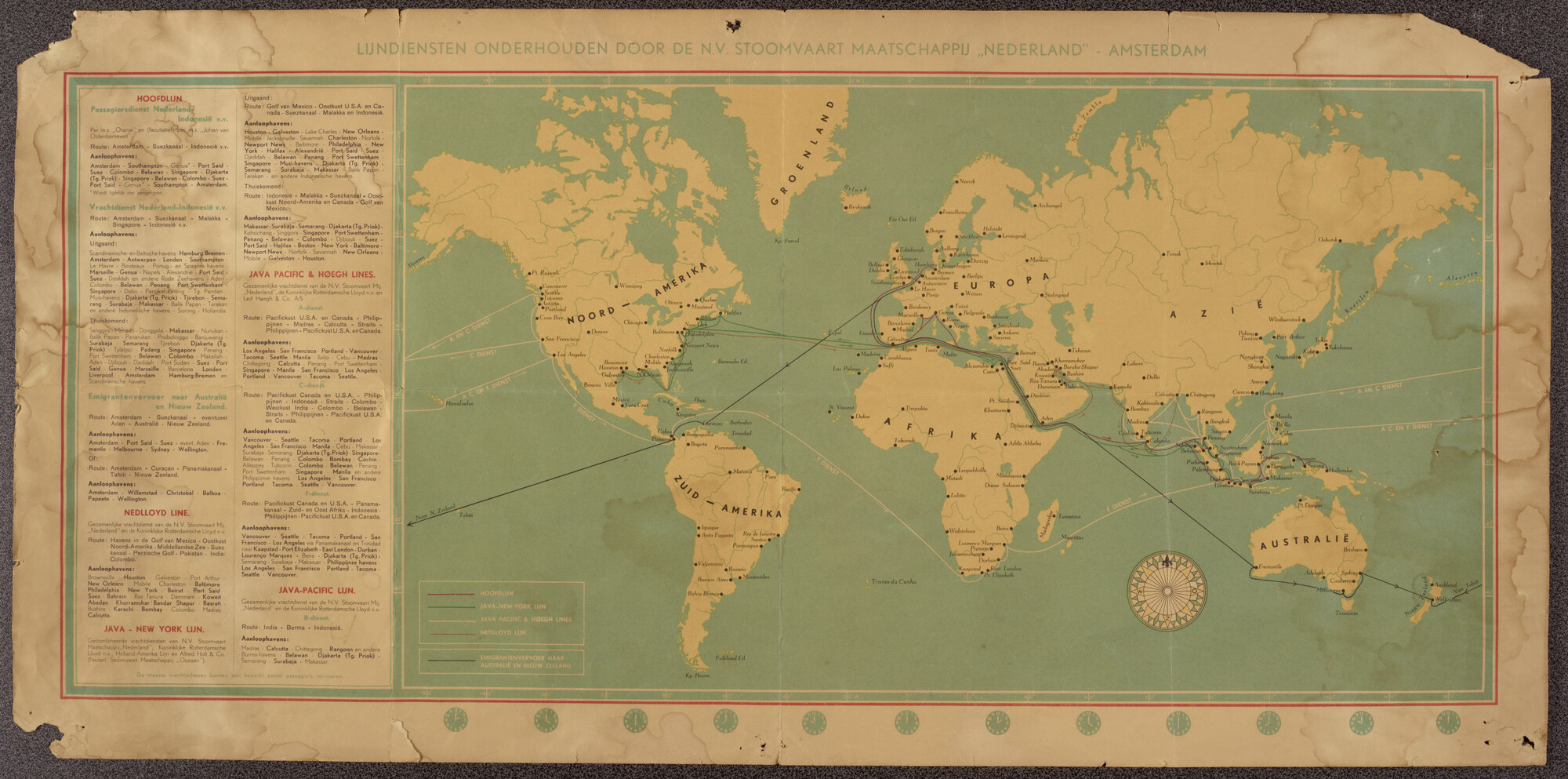 S.5272(02); Kaart met de lijndiensten omstreeks 1950 onderhouden door de Stoomvaart-Maatschappij Nederland; reclamekaart