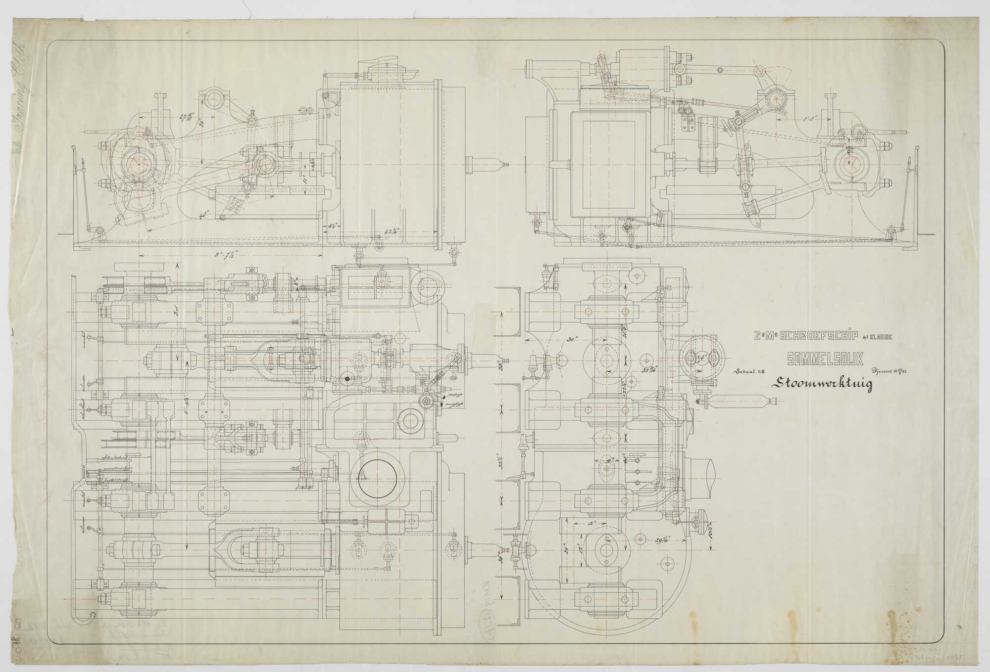 S.1006(02)0025; Diverse doorsneden van de liggende twee compound stoommachine van 750 PK van het schroefstoomschip Zr.Ms. Sommelsdijk; technische tekening