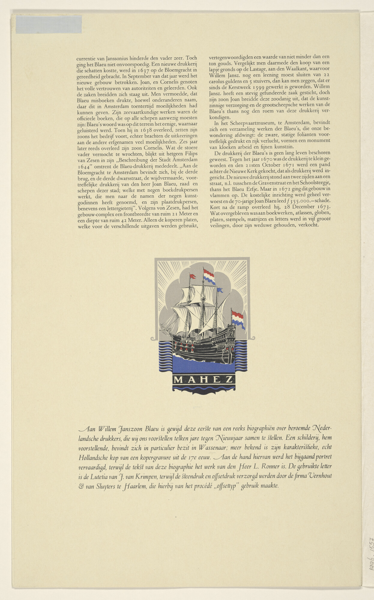1996.1557; Biografie van Willem Janszoon Blaeu, drukker, met portret in kleur [...]; prent