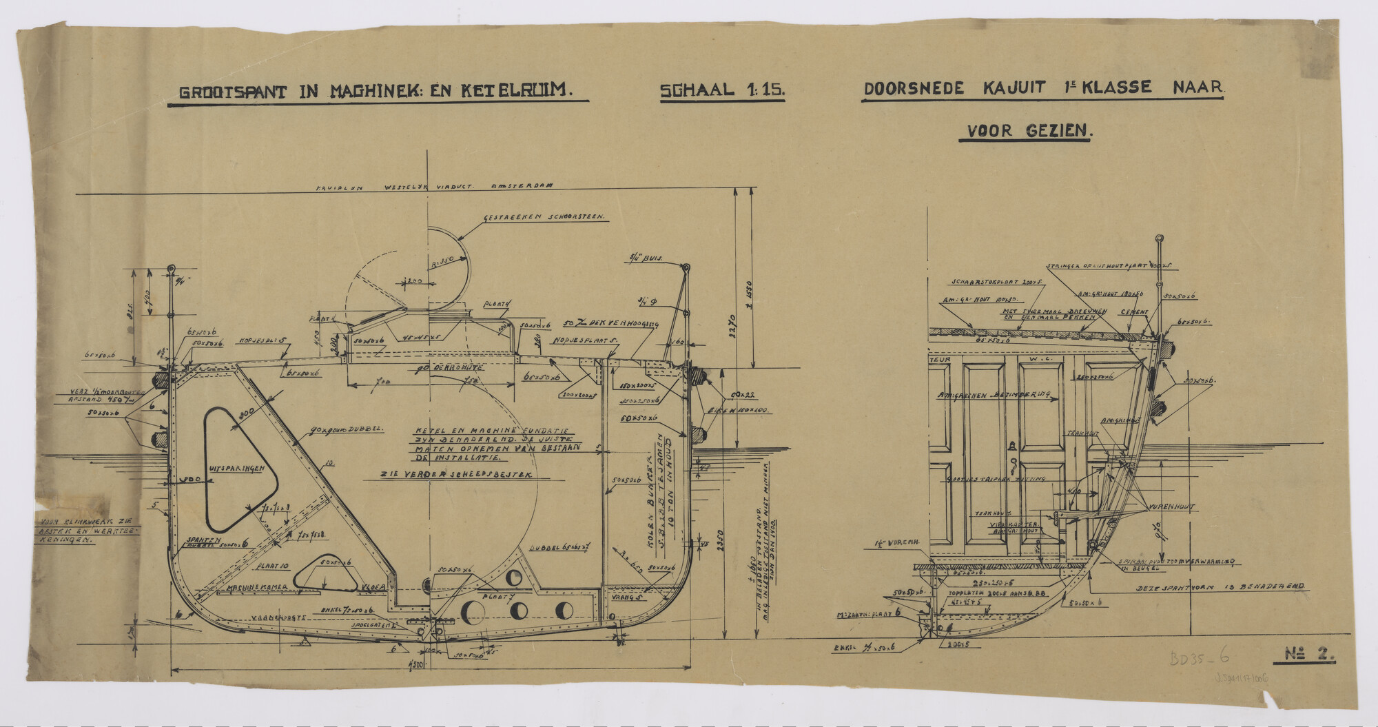 S.5941(17)006; Constructietekening grootspant en kajuit 1e klasse van passagiersschip voor [...]; technische tekening