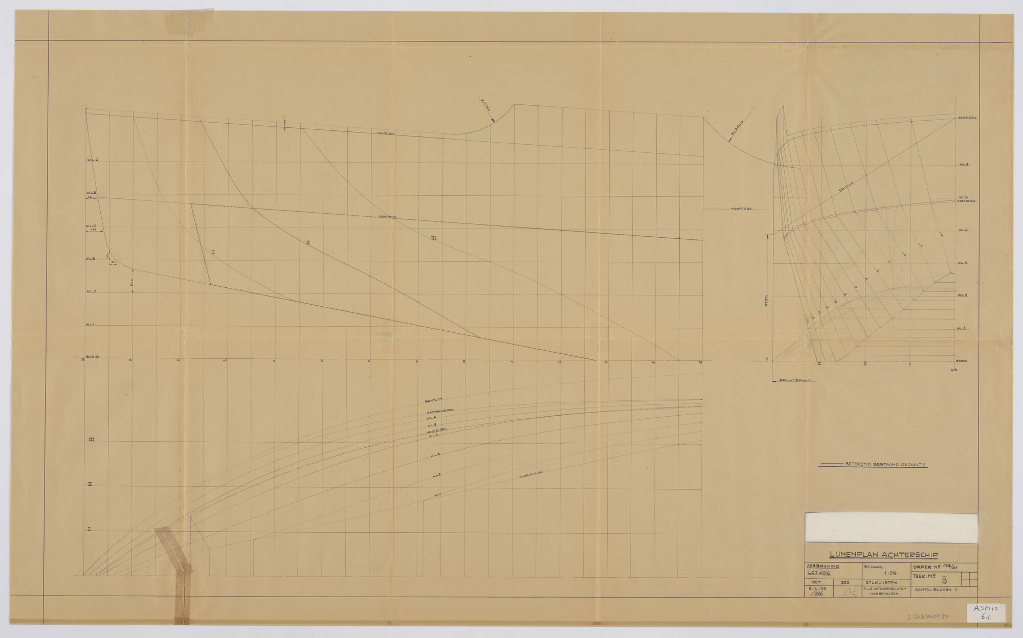 S.5219(04)0490; Lijnenplan van de tot vluchtschip omgebouwde LCT 443; technische tekening