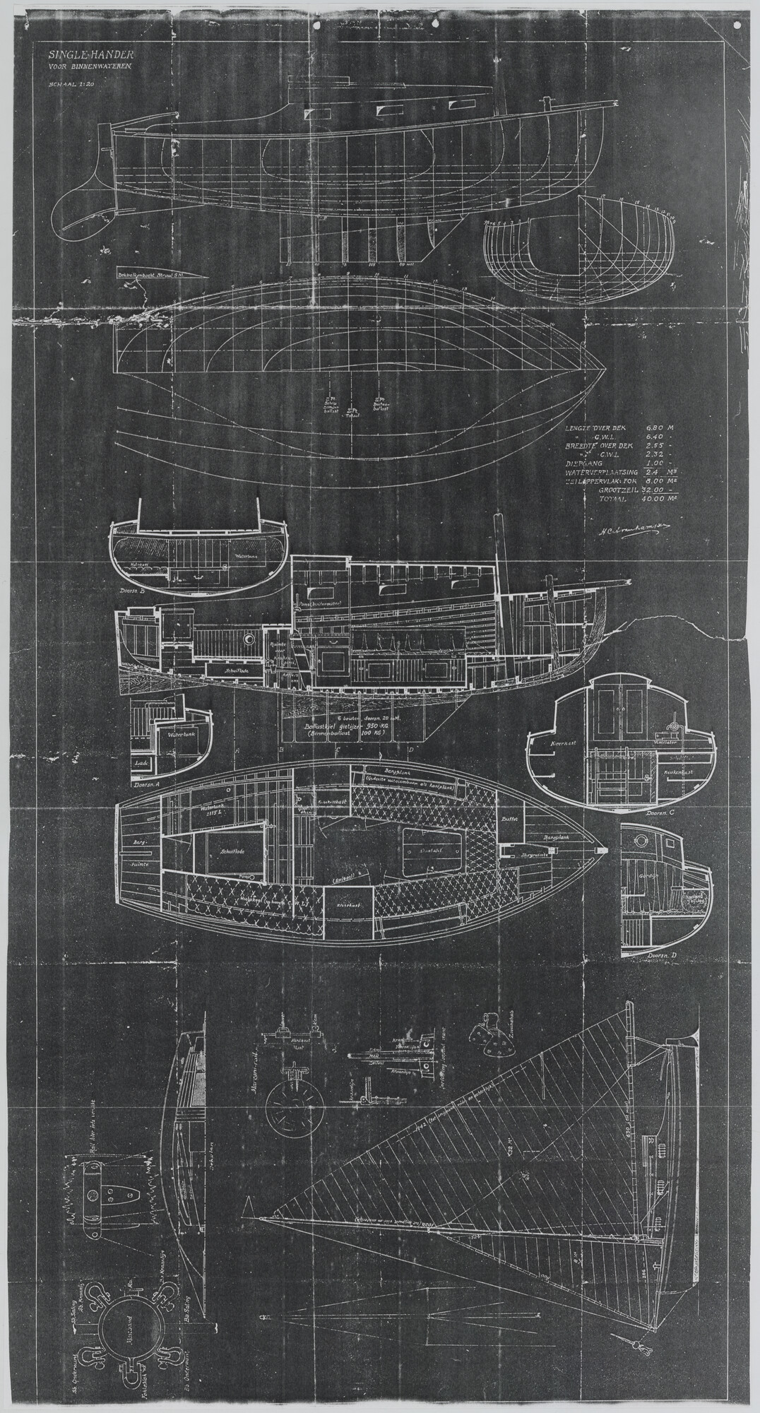 1995.1555; Algemeen plan en lijnenplan, bouwvoorschrift en bestek van zeiljacht voor de binnenwateren 'Kiek Uut'; technische tekening