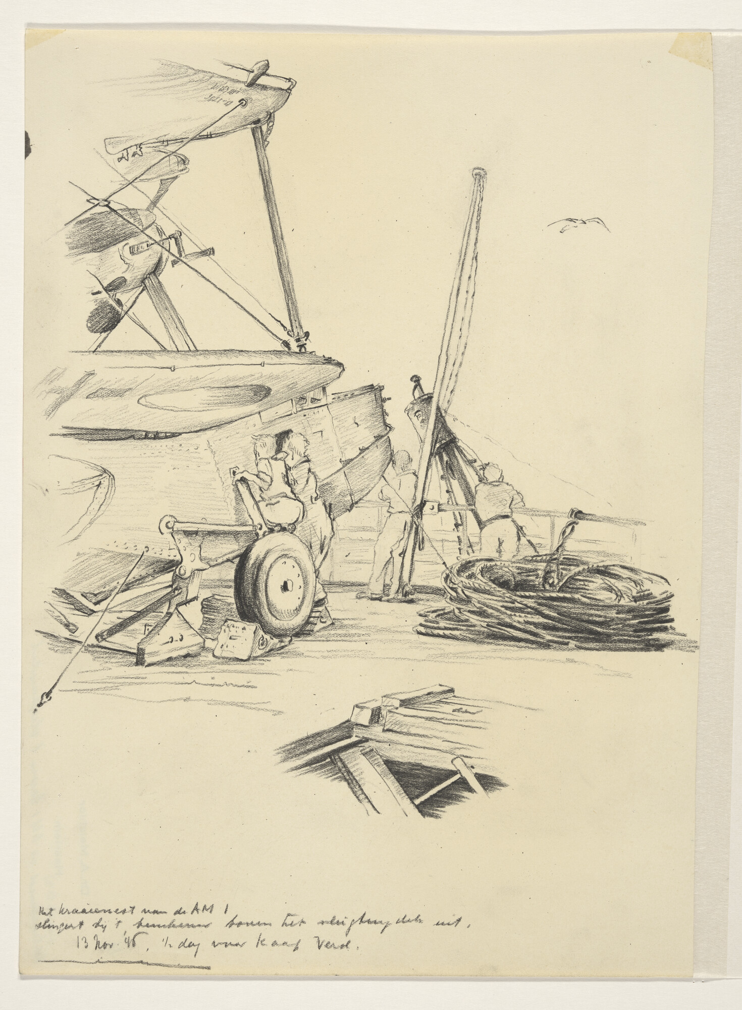 S.4035(013); Het kraaiennest van de jager AM 1 steekt boven het vliegtuigdek uit; tekening