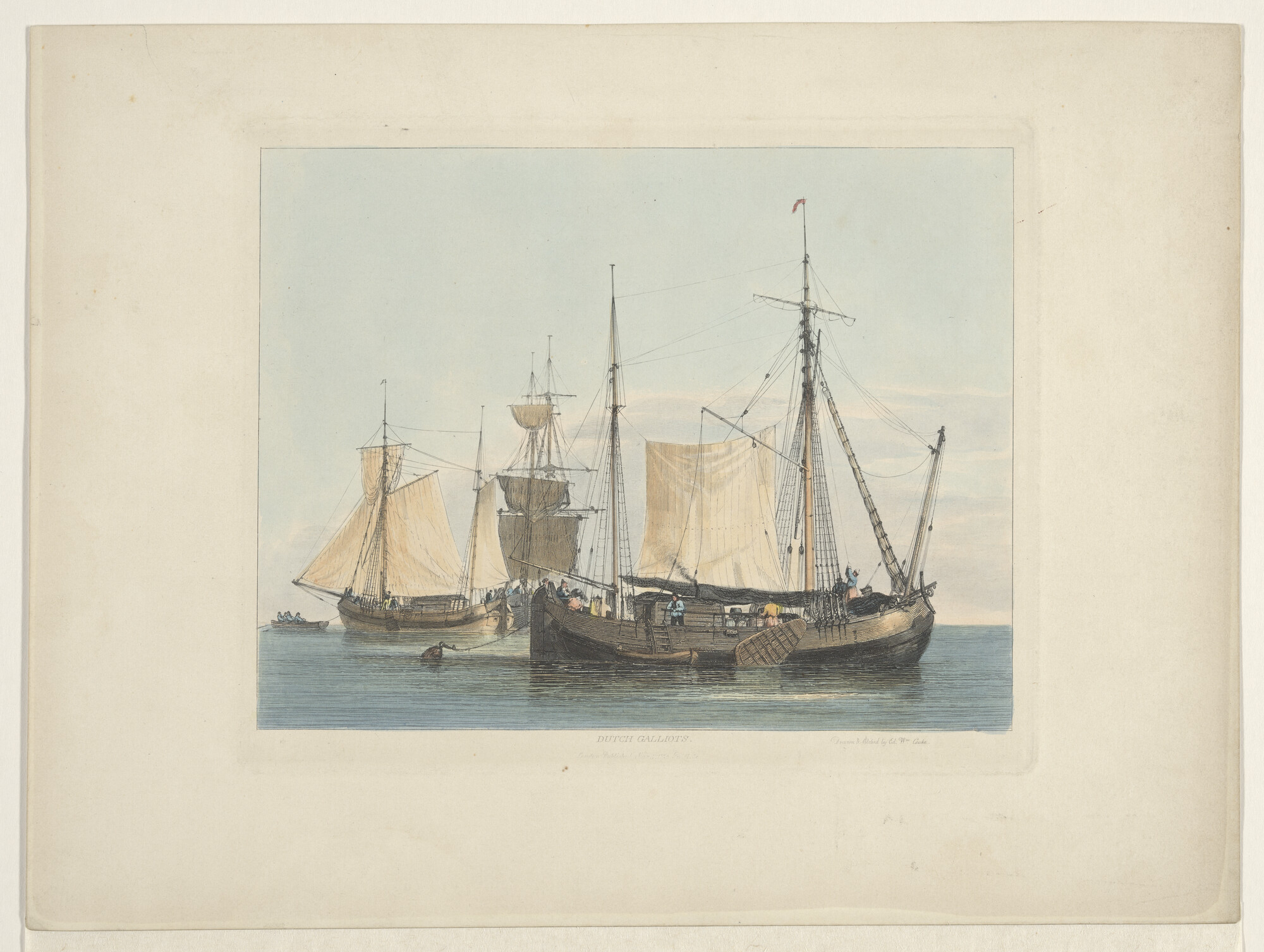 A.2427(03); Enkele galjootschepen op stil water; prent