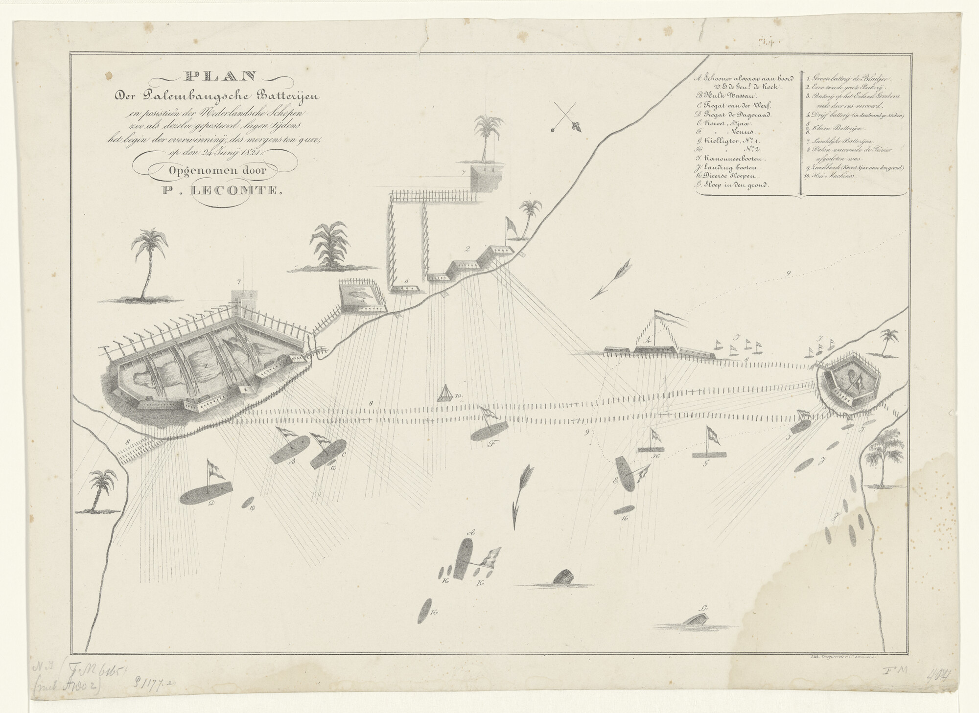 A.1802 [nr 0001]; Plattegrond van de Palembangse batterijen en de Nederlandse schepen, 1821; prent