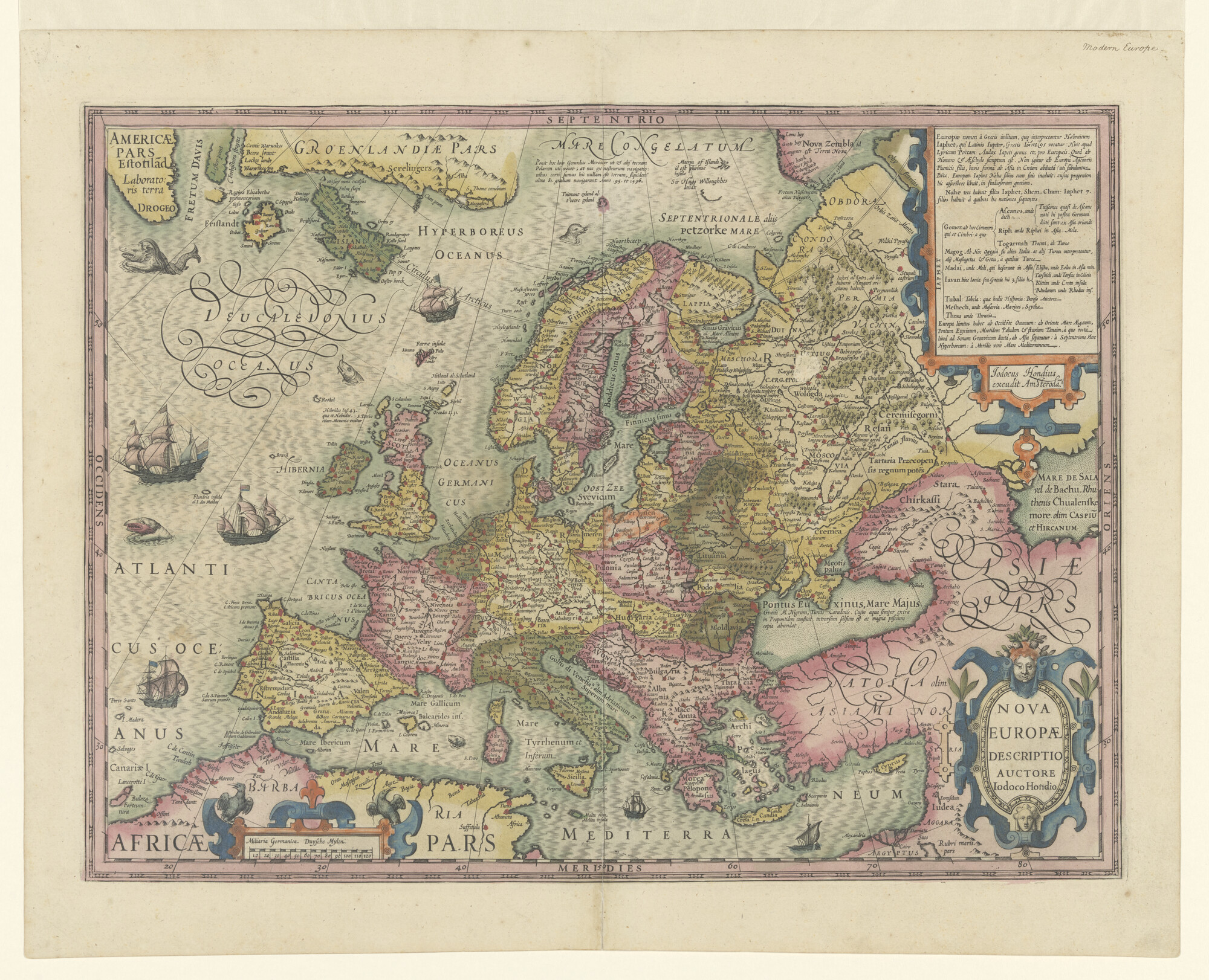 A.0145(211)021; Met de hand gekleurde kaart van Europa met Latijnse tekst, door Jodocus Hondius te Amsterdam, circa 1607; landkaart