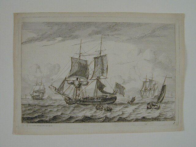 A.0149(0147); Prent van een Engelse koopvaardijbrik en andere schepen in een riviermonding; prent