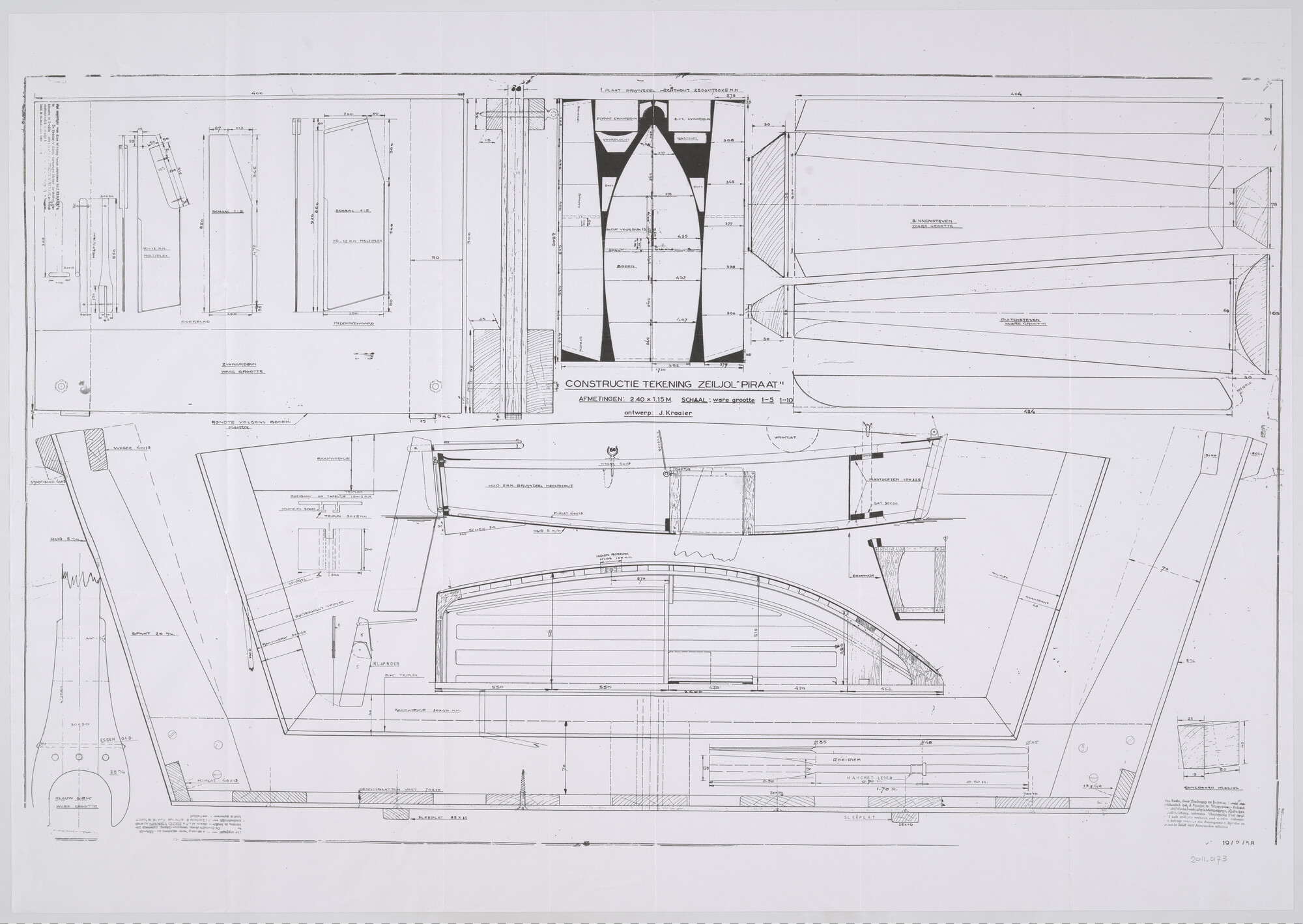 2011.0173; Constructie tekening zeiljol Piraat; technische tekening