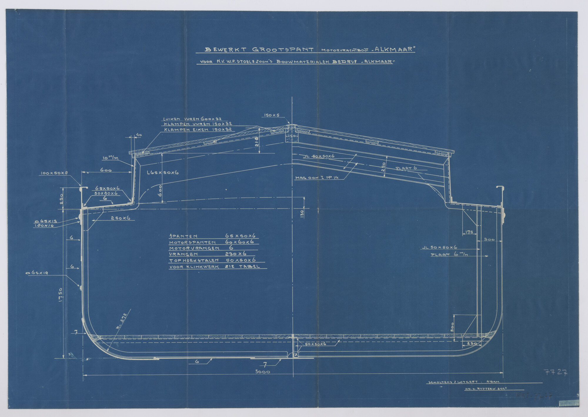 1995.7727; Grootspanttekening van het binnenvaart motorvrachtschip Alkmaar; technische tekening