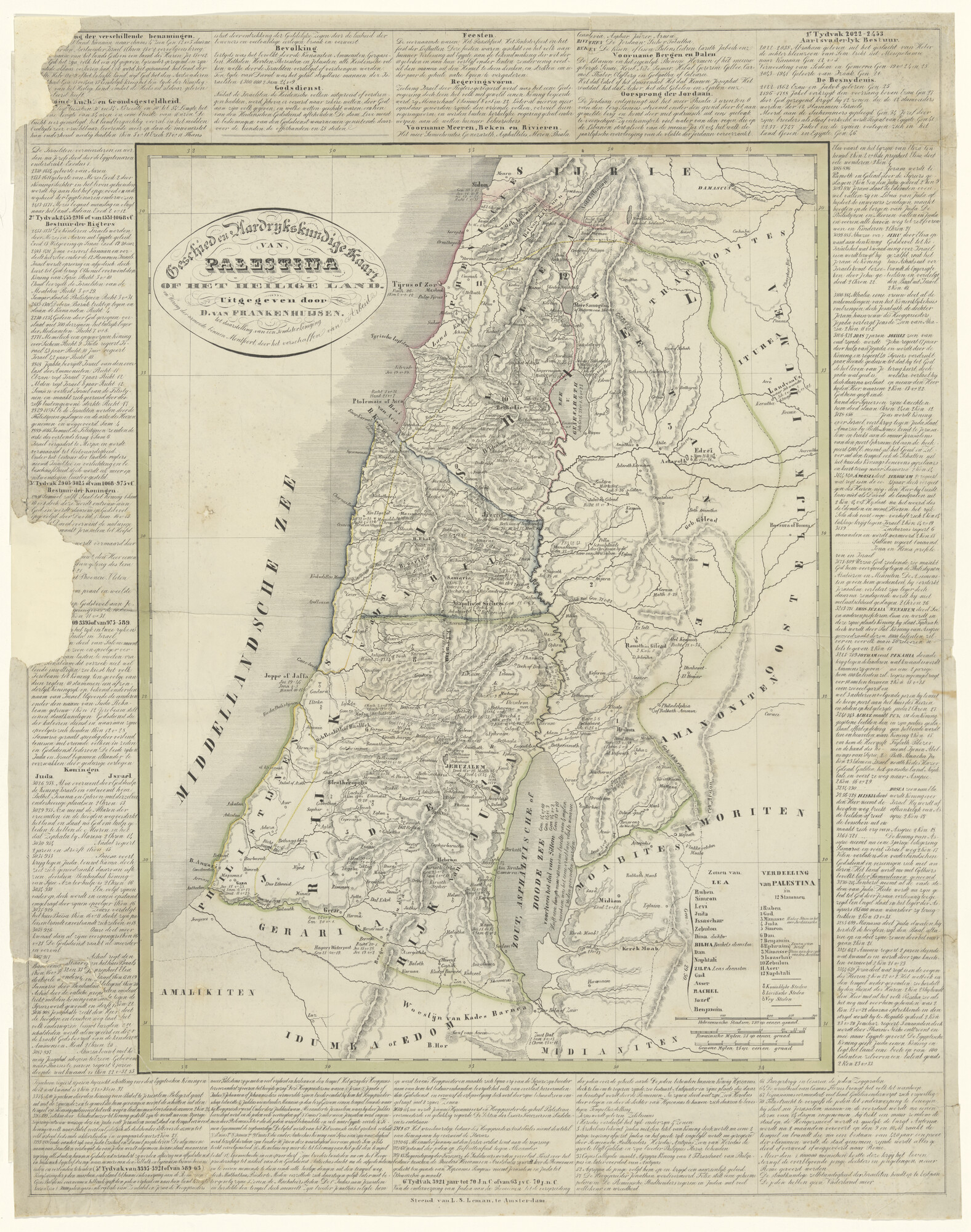1998.3379; Gekleurde geschied- en aardrijkskundige kaart van Palestina uitgegeven voor een fonds ter leniging en wering van de armoede in Montfoort; landkaart